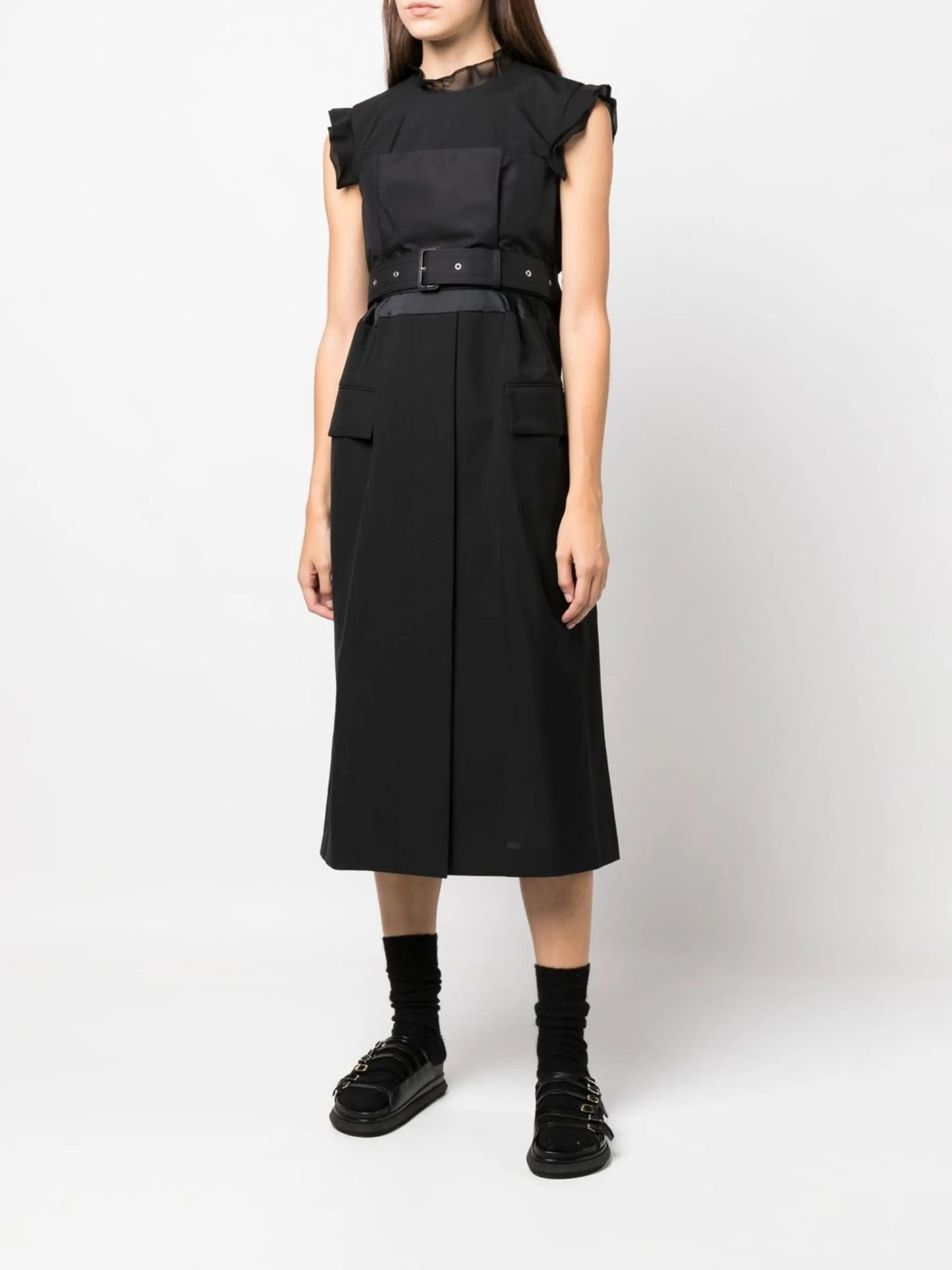 ruffle-trim belted midi dress
