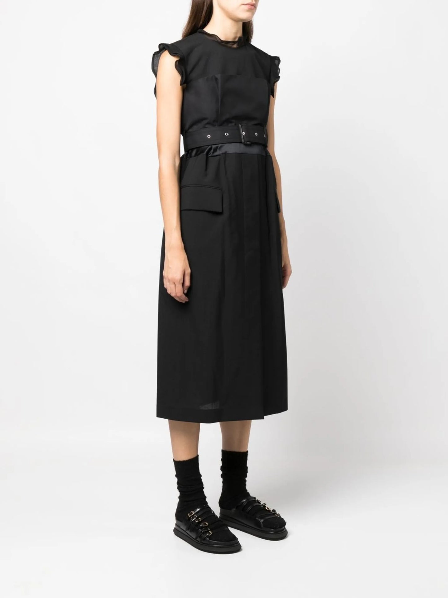 ruffle-trim belted midi dress