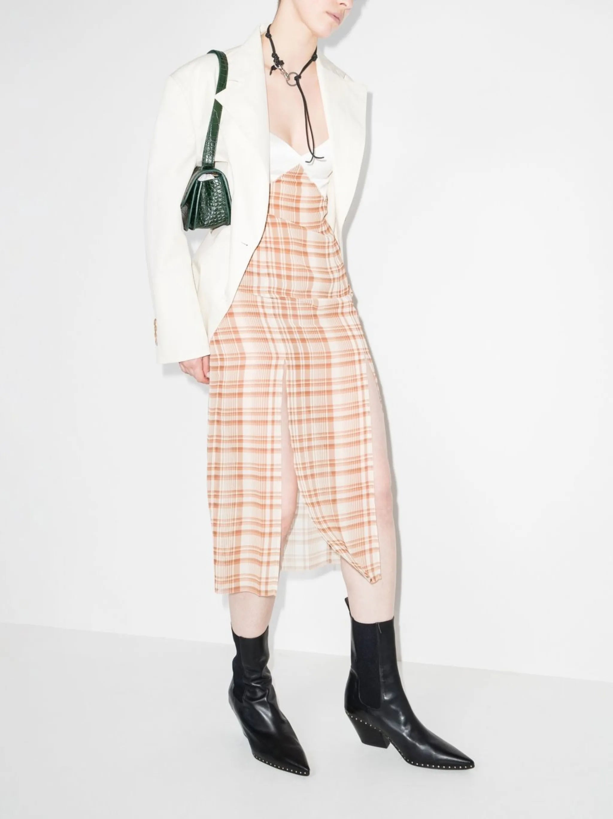 check-print sleeveless midi dress