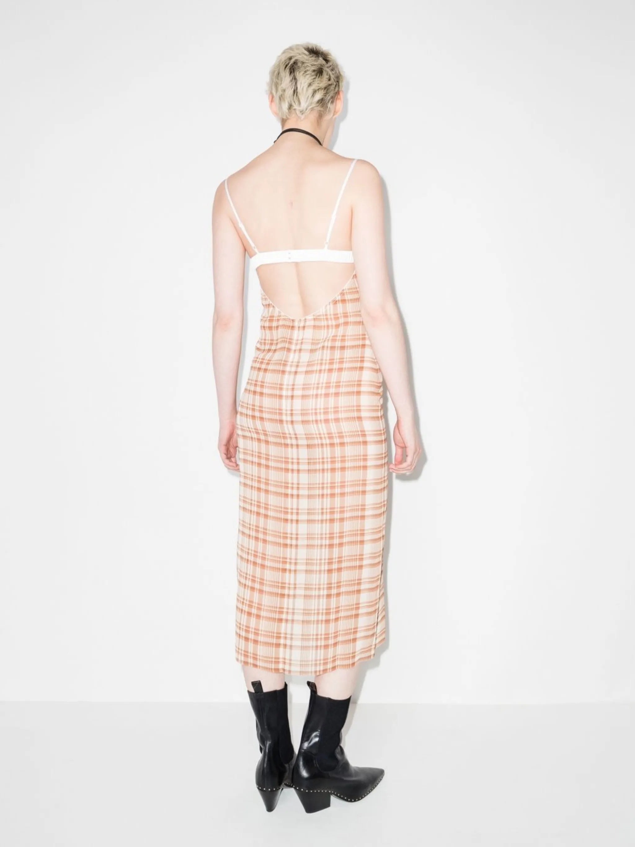 check-print sleeveless midi dress