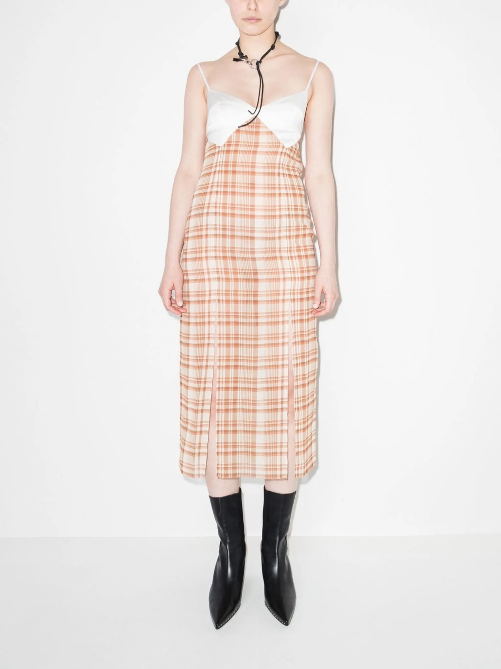 check-print sleeveless midi dress