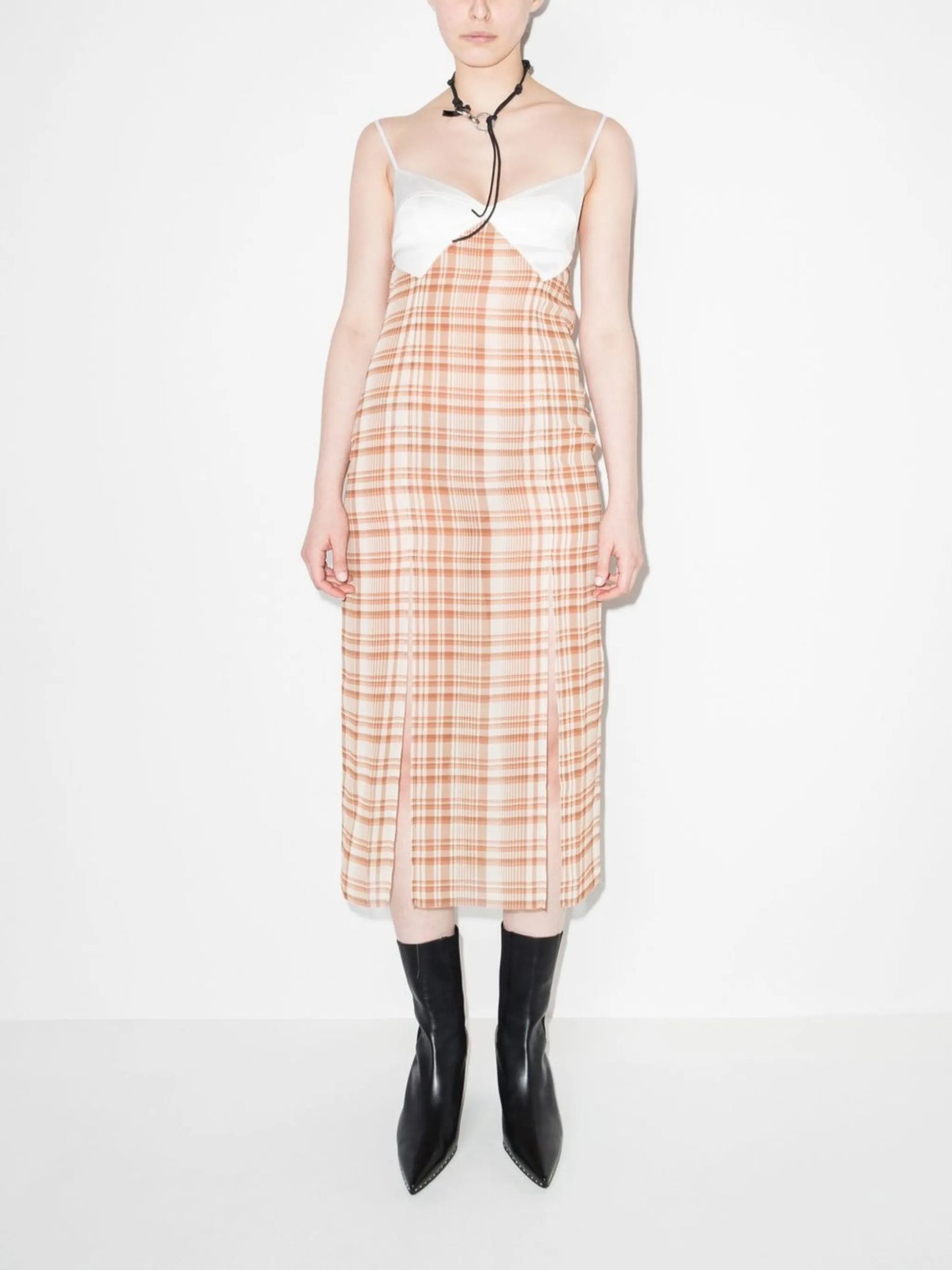check-print sleeveless midi dress