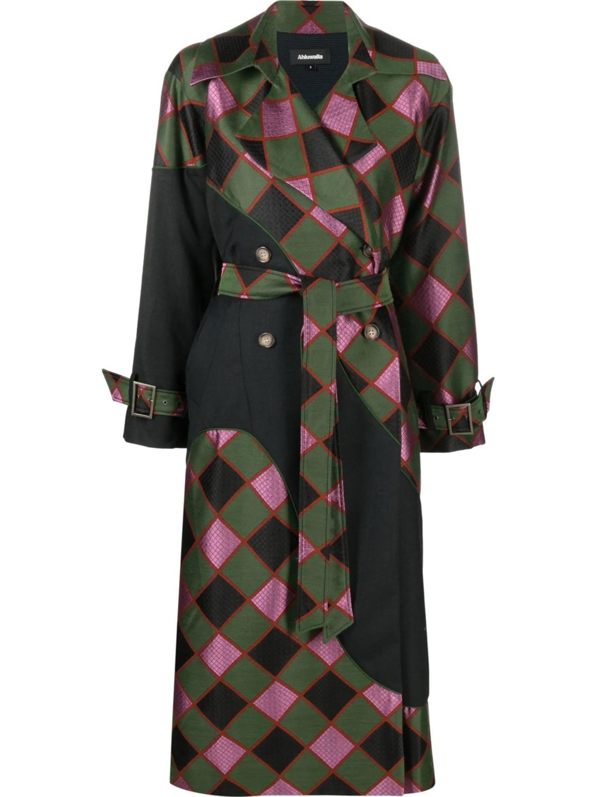diamond-check trench coat