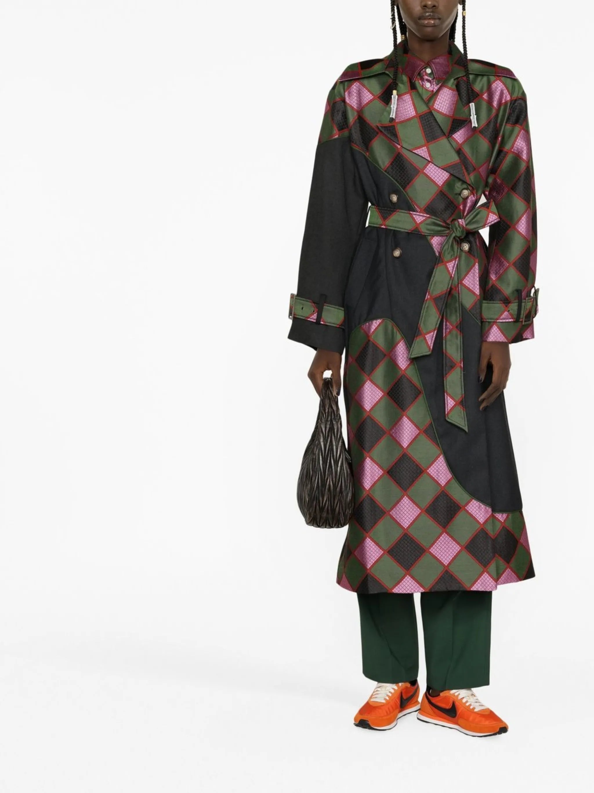 diamond-check trench coat