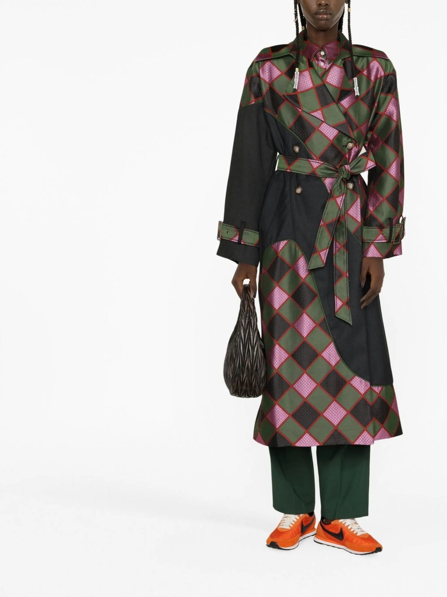 diamond-check trench coat