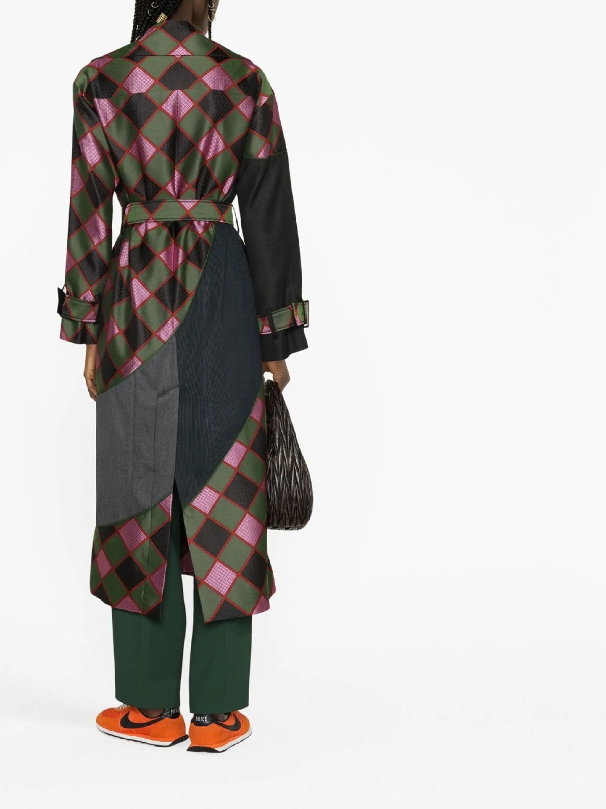 diamond-check trench coat