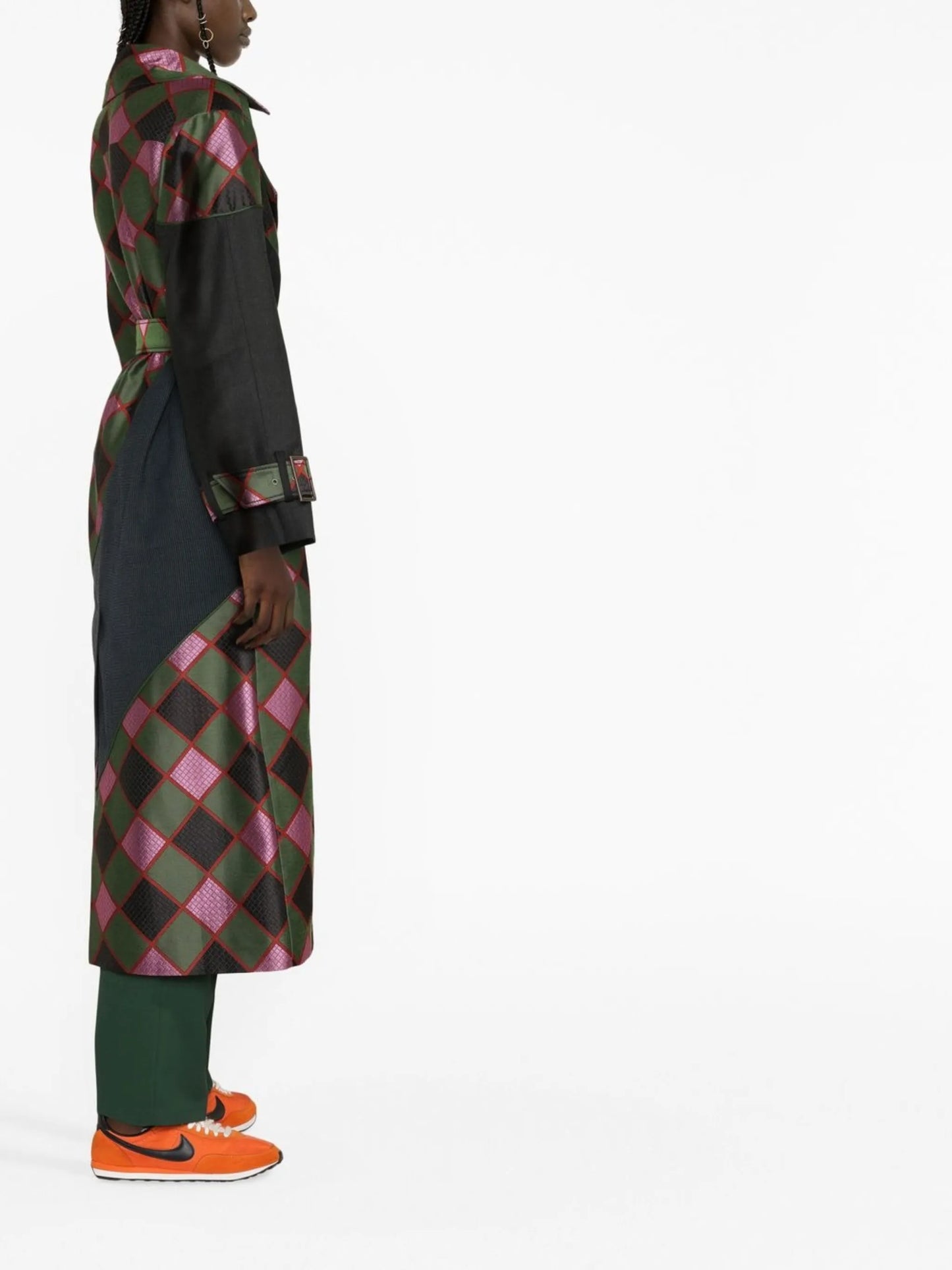 diamond-check trench coat