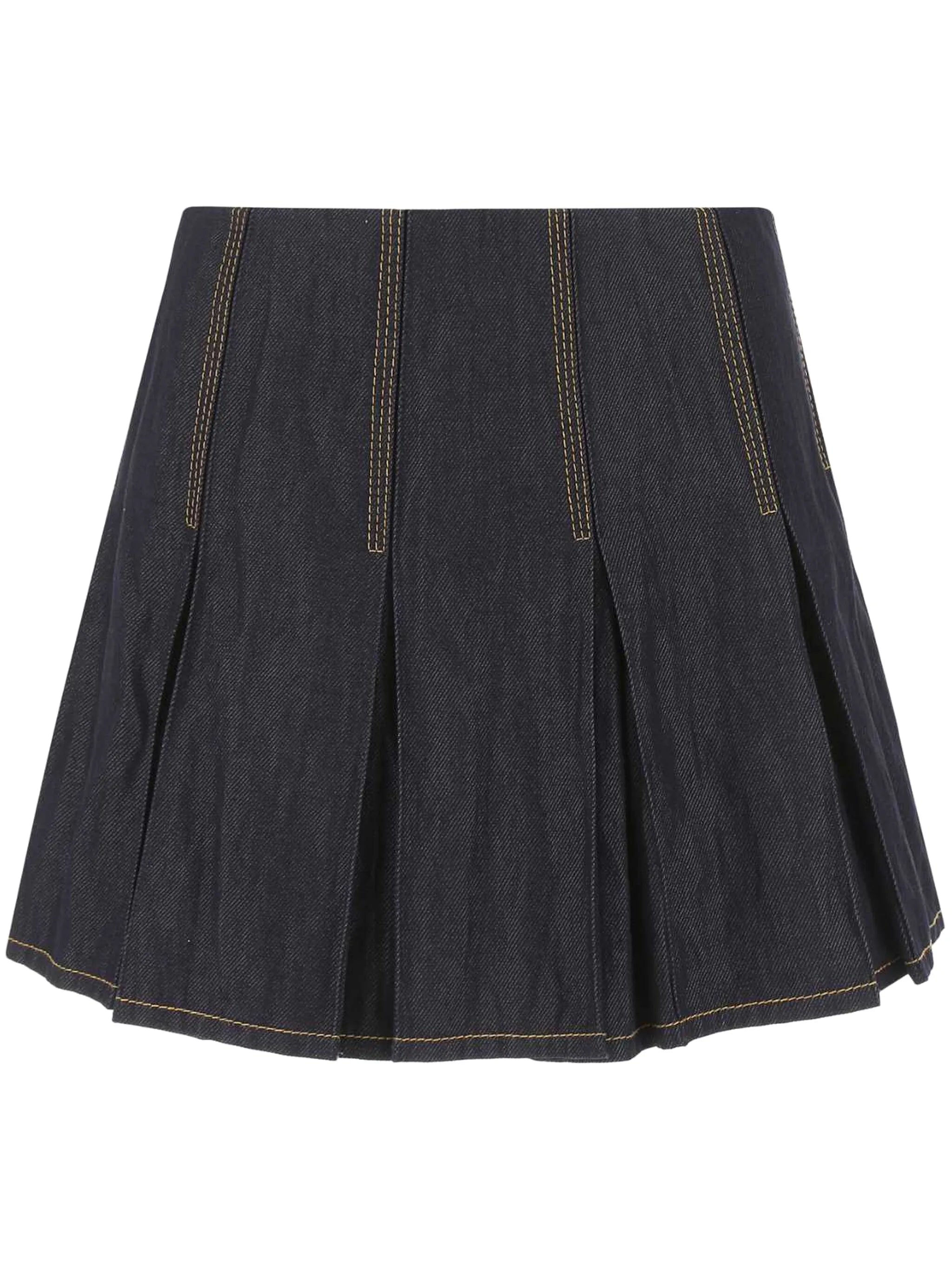 pleated denim mini skirt