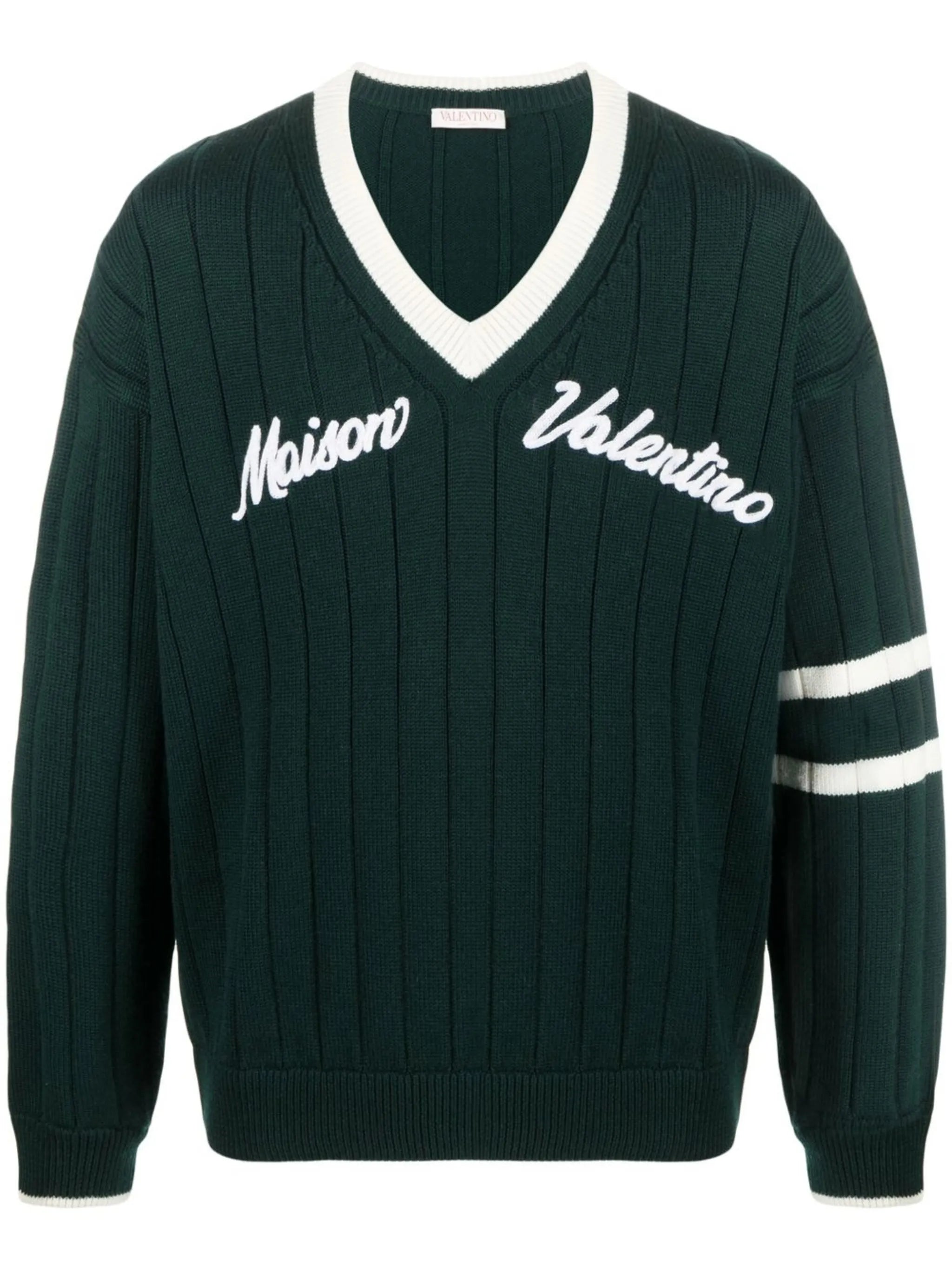 logo-embroidered V-neck wool jumper