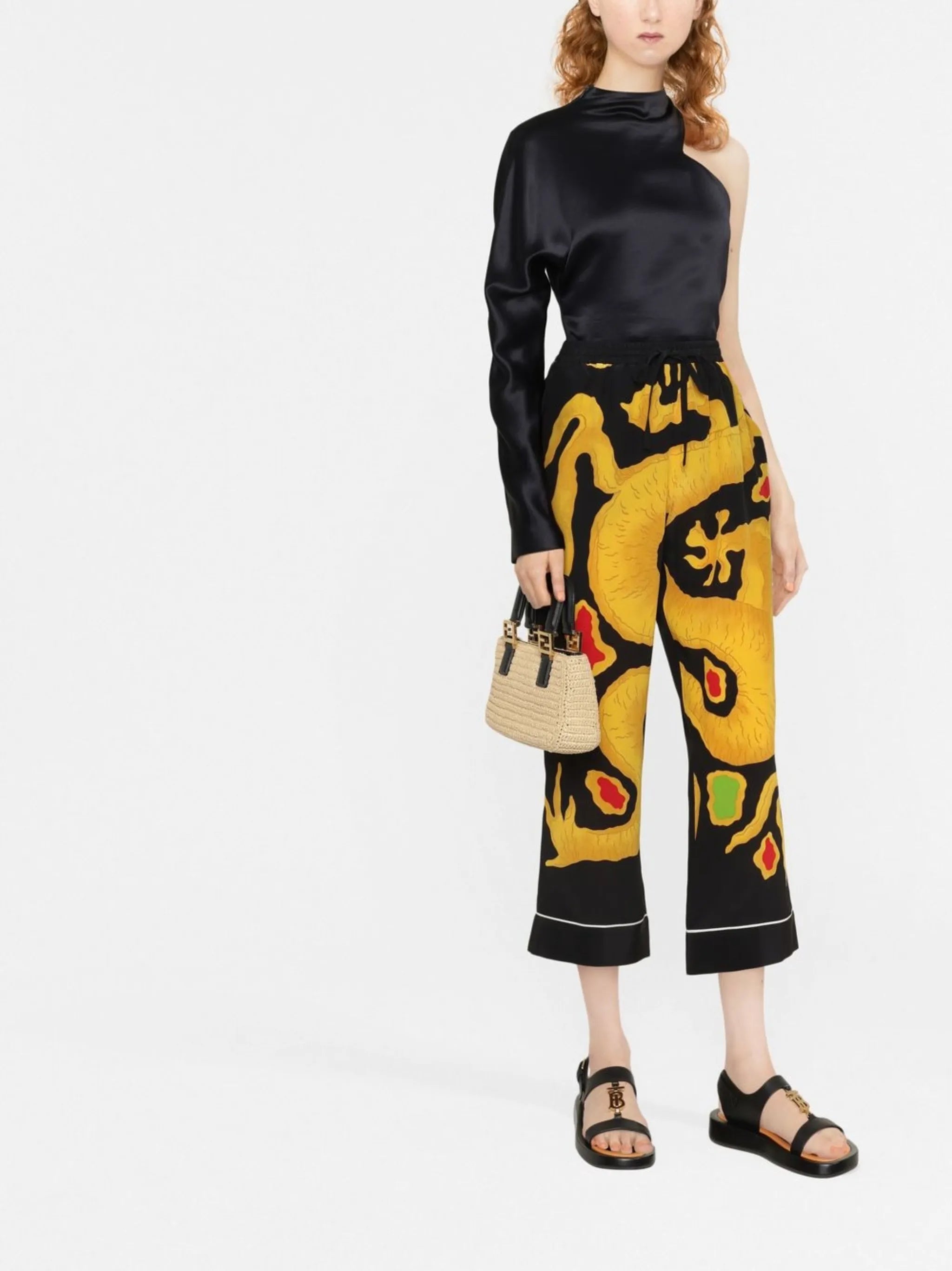 dragon-print cropped silk trousers