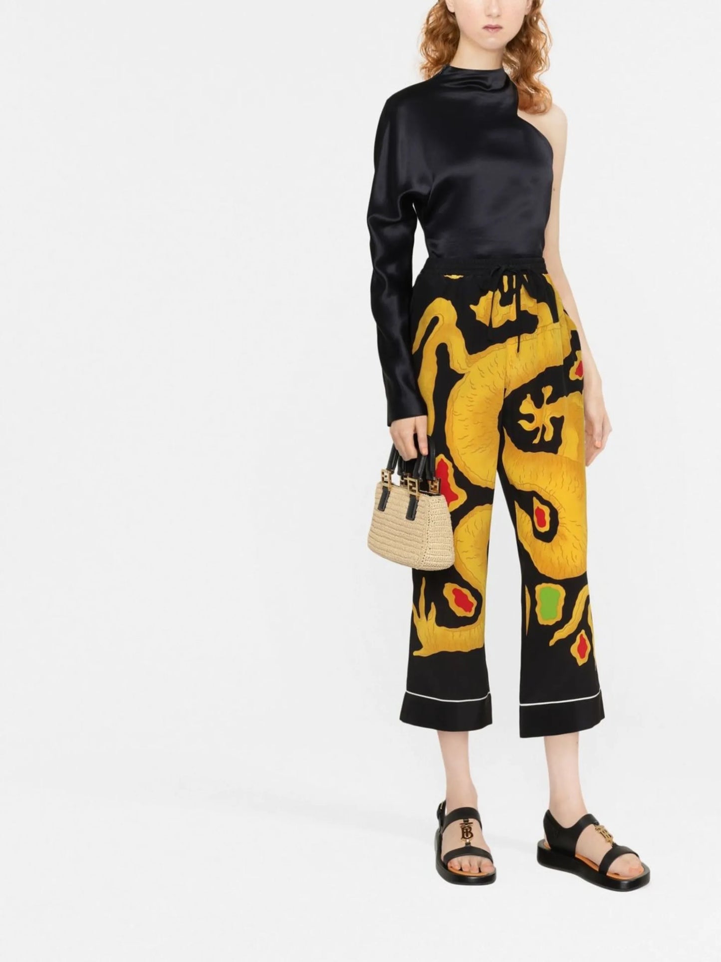 dragon-print cropped silk trousers