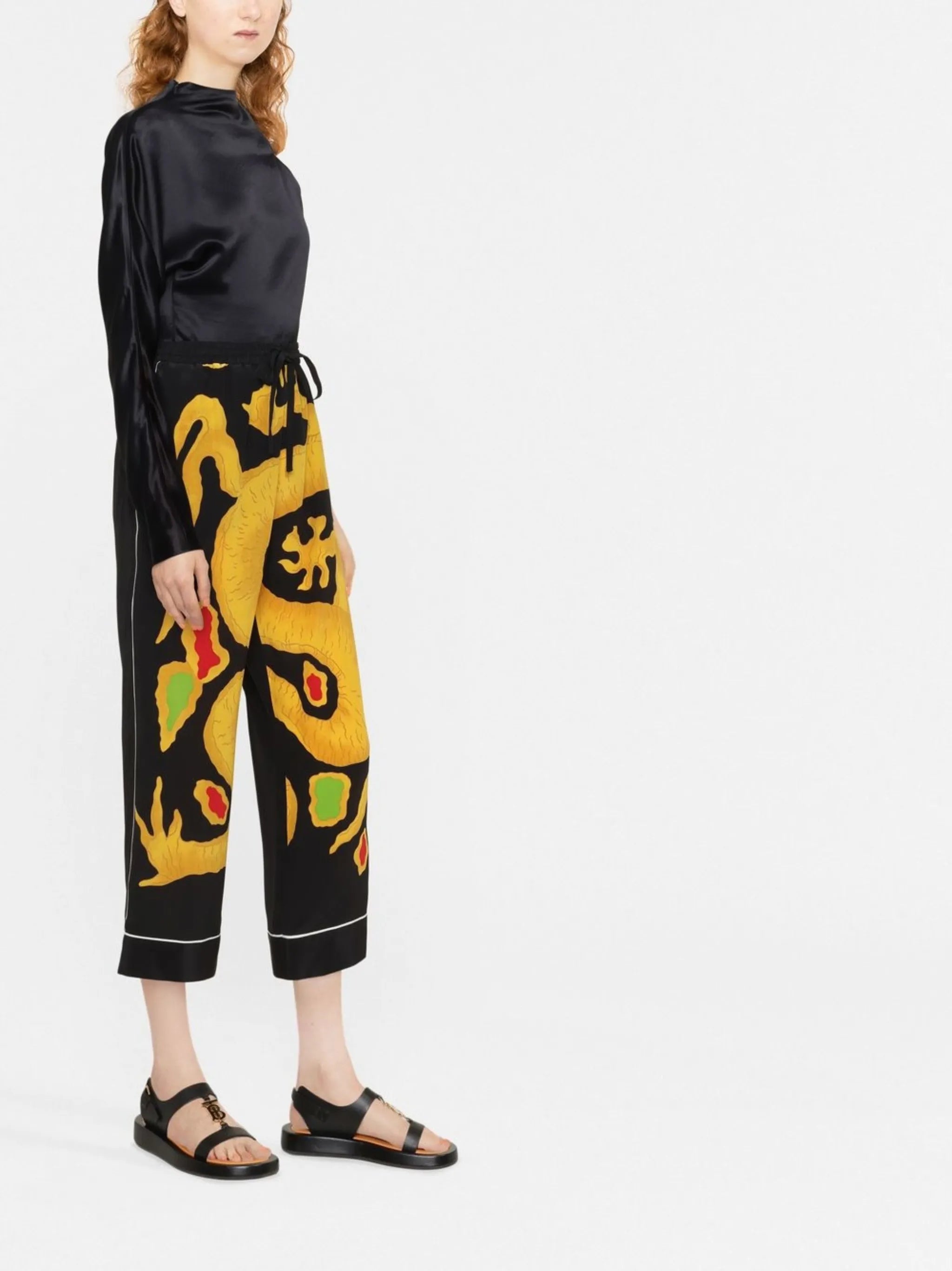 dragon-print cropped silk trousers