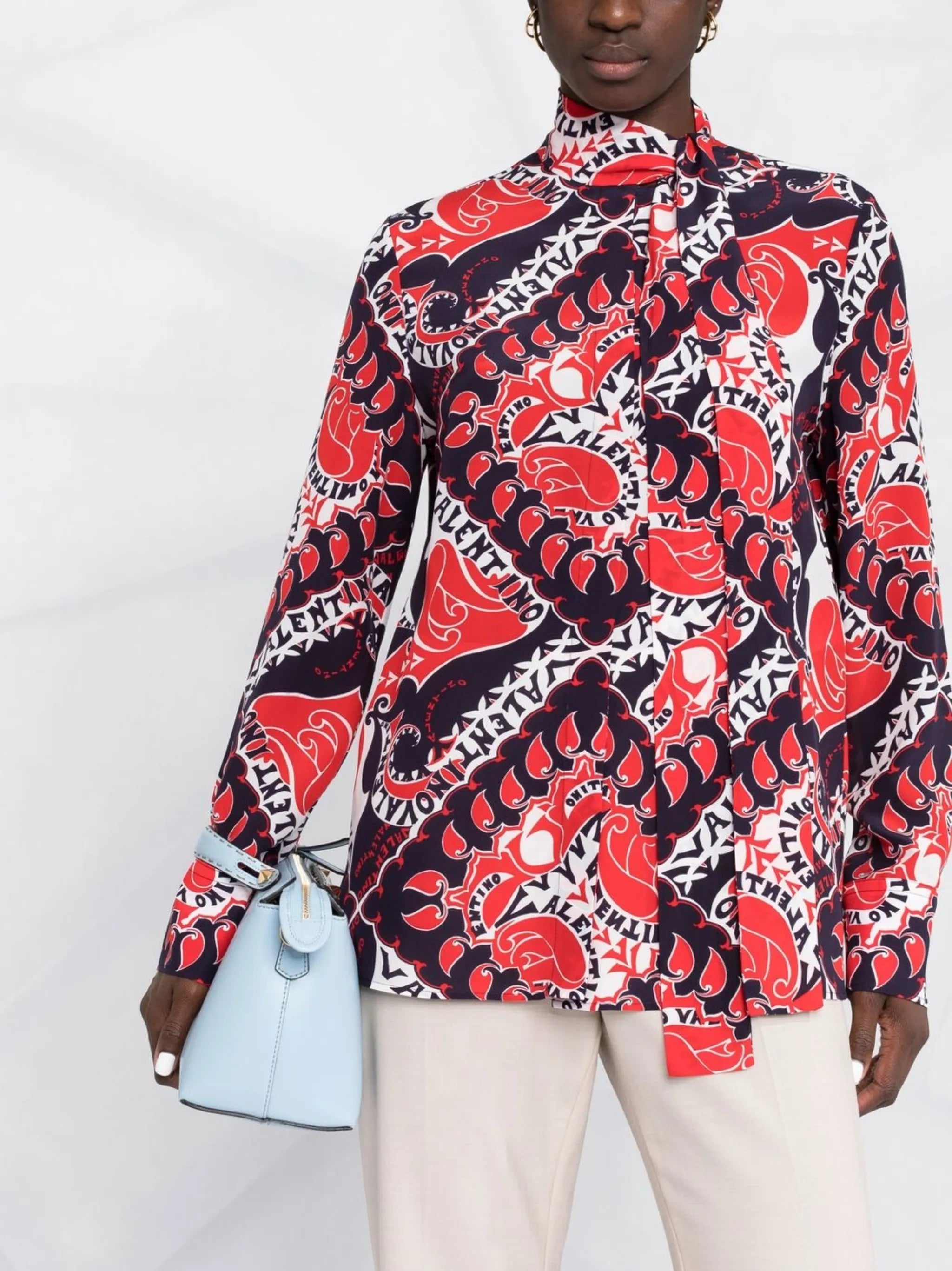geometric logo-print pussybow blouse