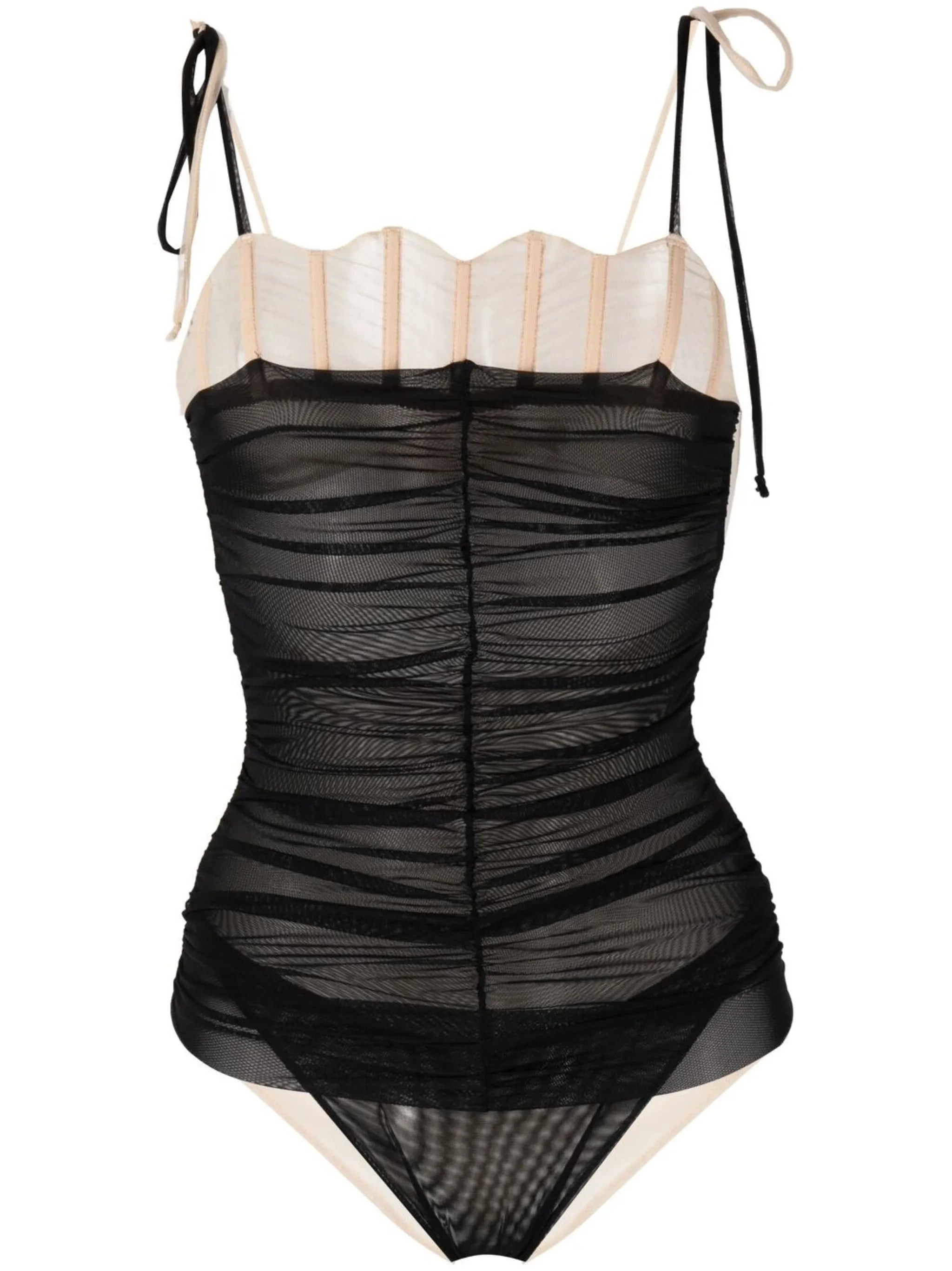 contrast-panel ruched mesh bodysuit