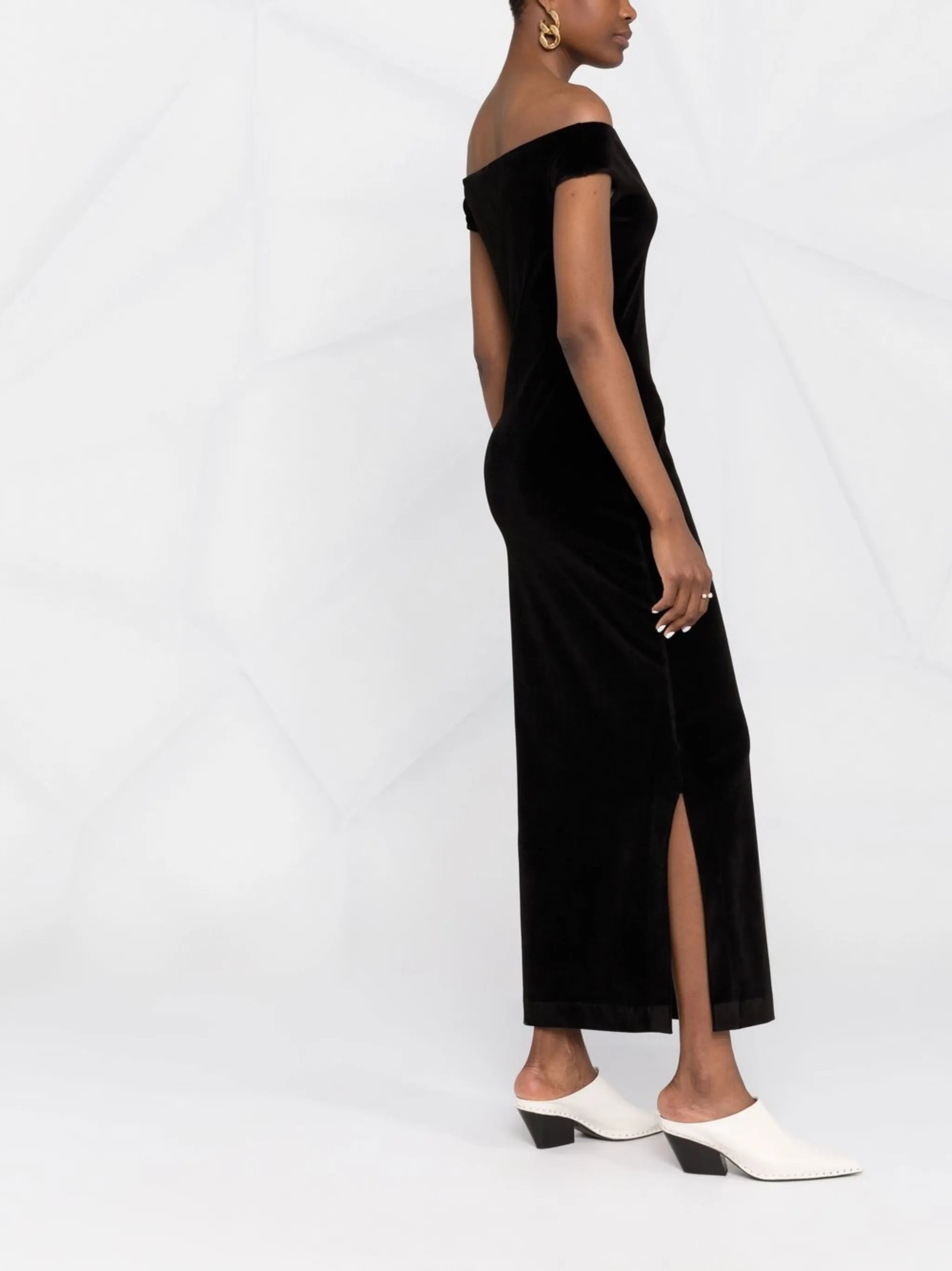 off-shoulder fitted midi dress