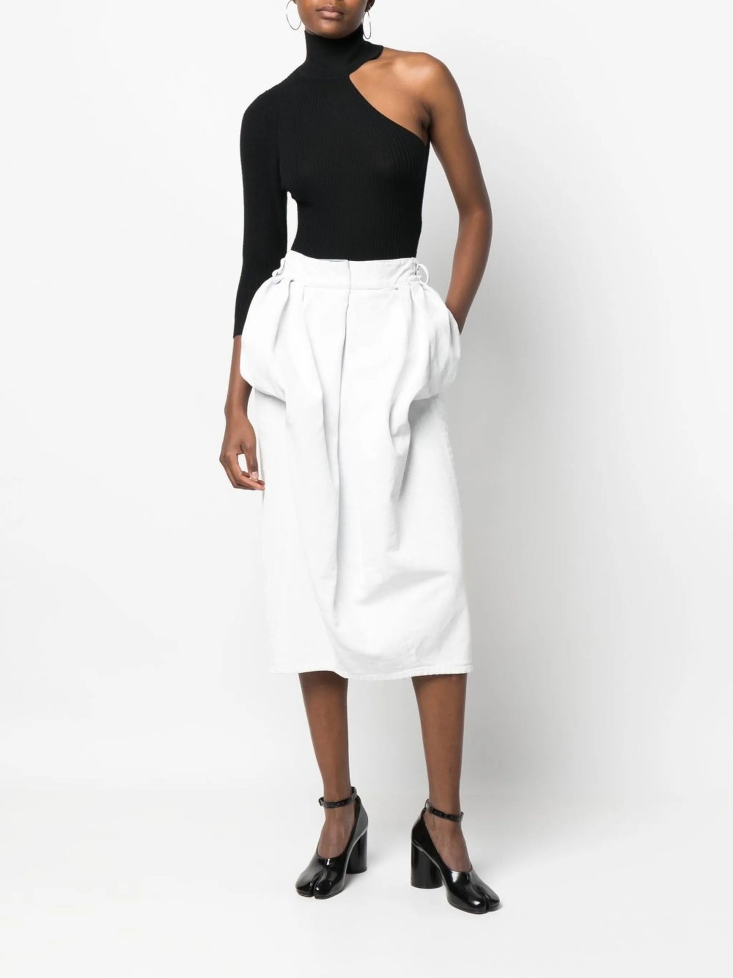 gathered denim midi skirt