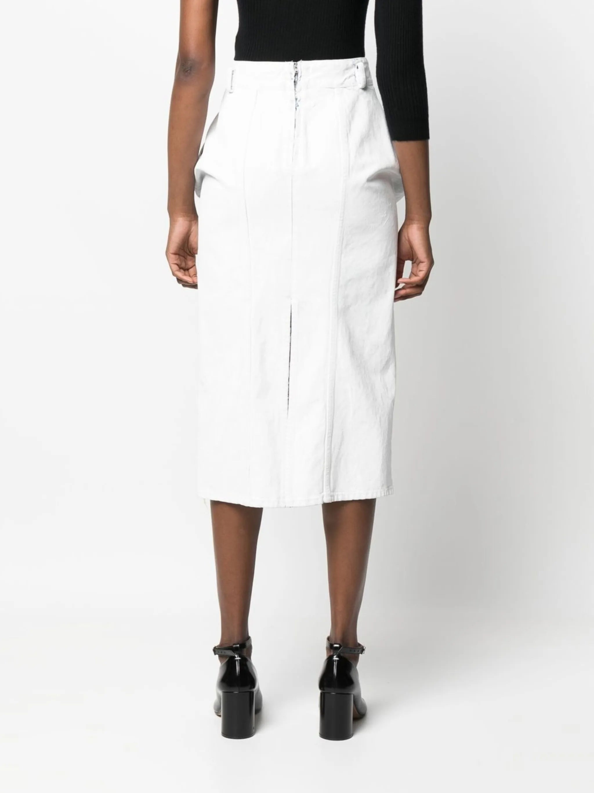 gathered denim midi skirt