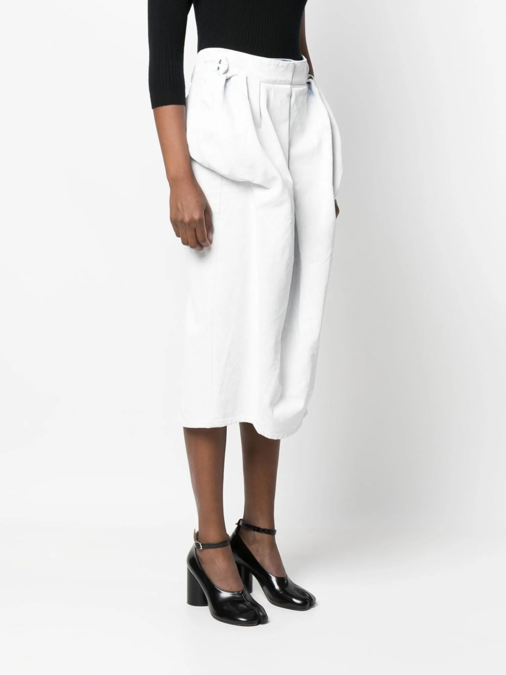 gathered denim midi skirt