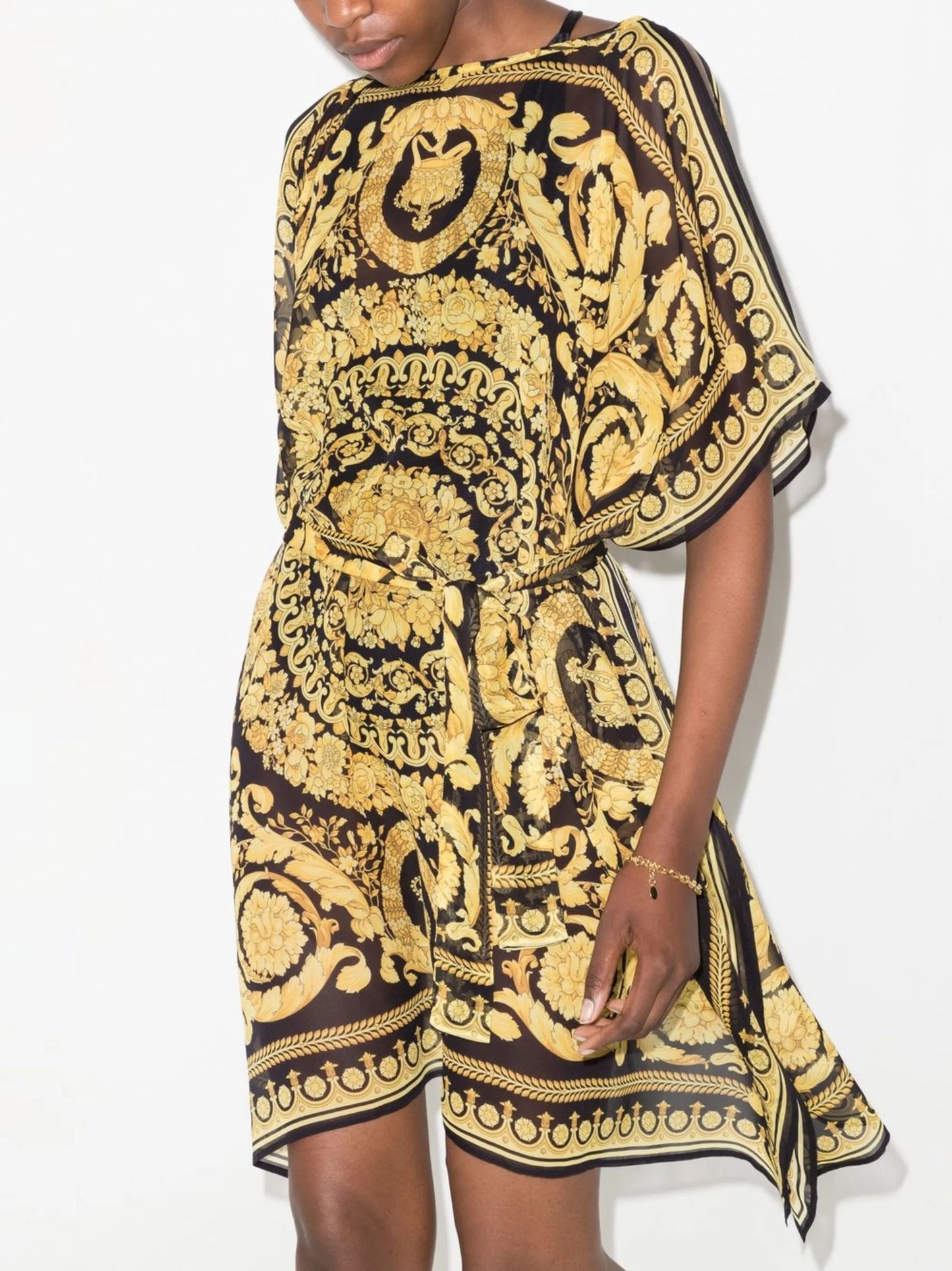 baroque-pattern tie-waist dress