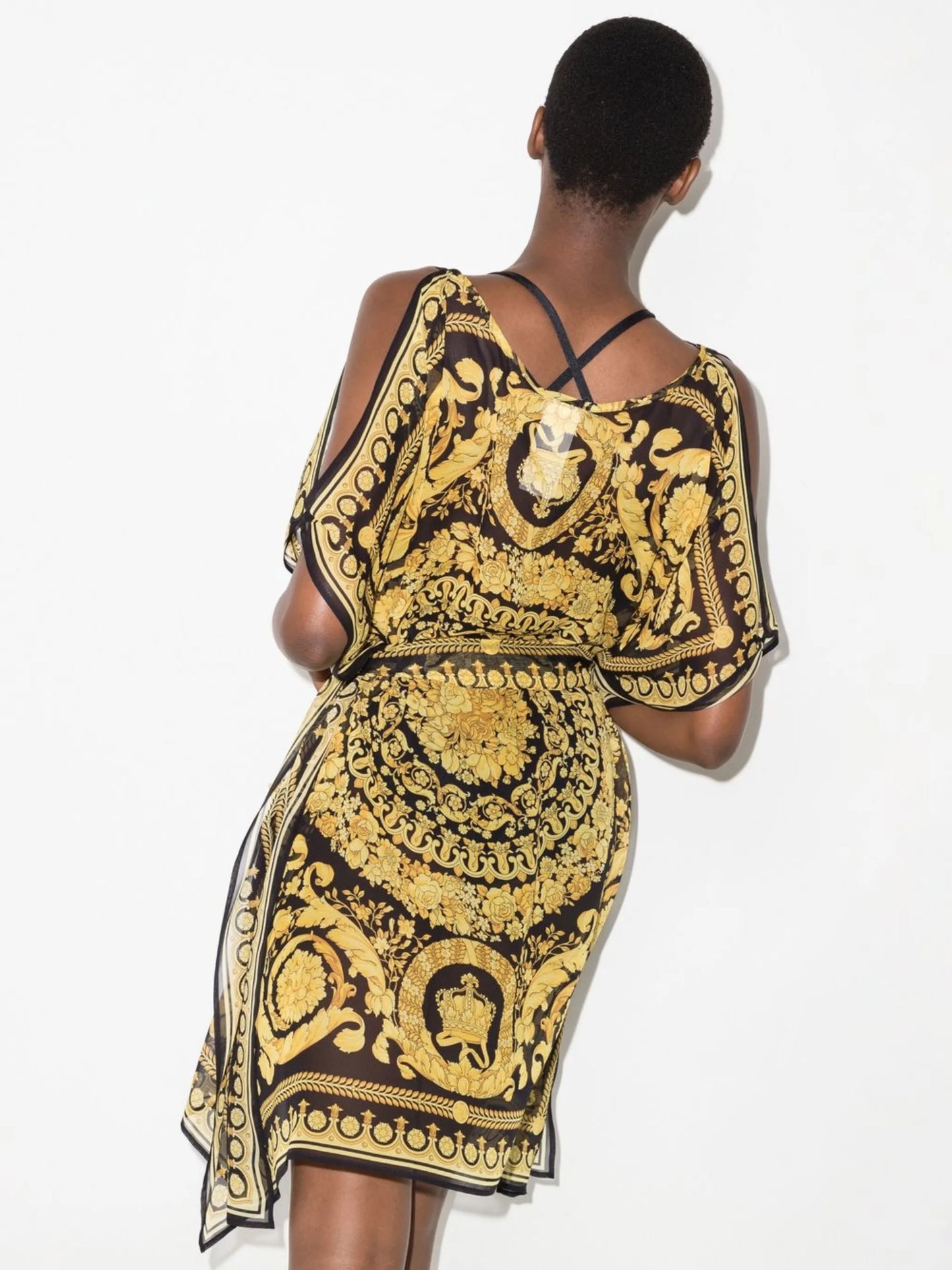 baroque-pattern tie-waist dress
