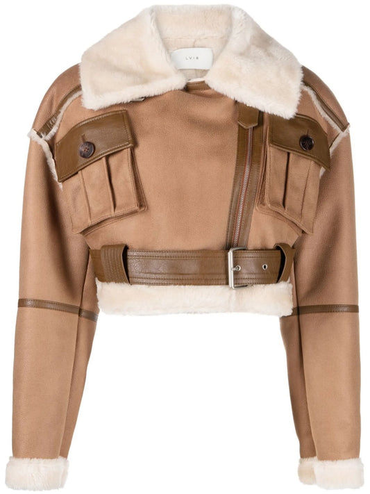 cropped faux-shearling trim jacket