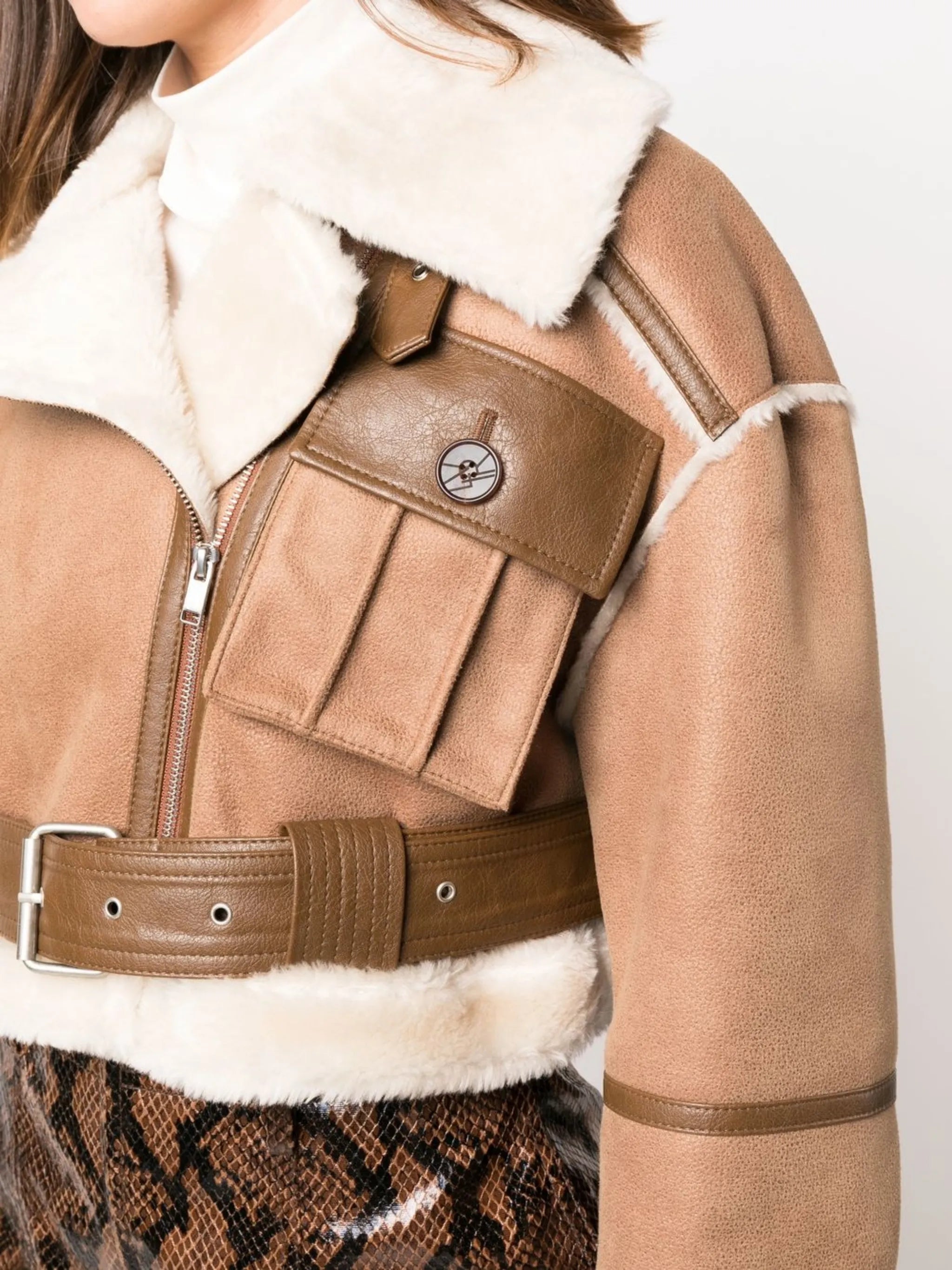 cropped faux-shearling trim jacket