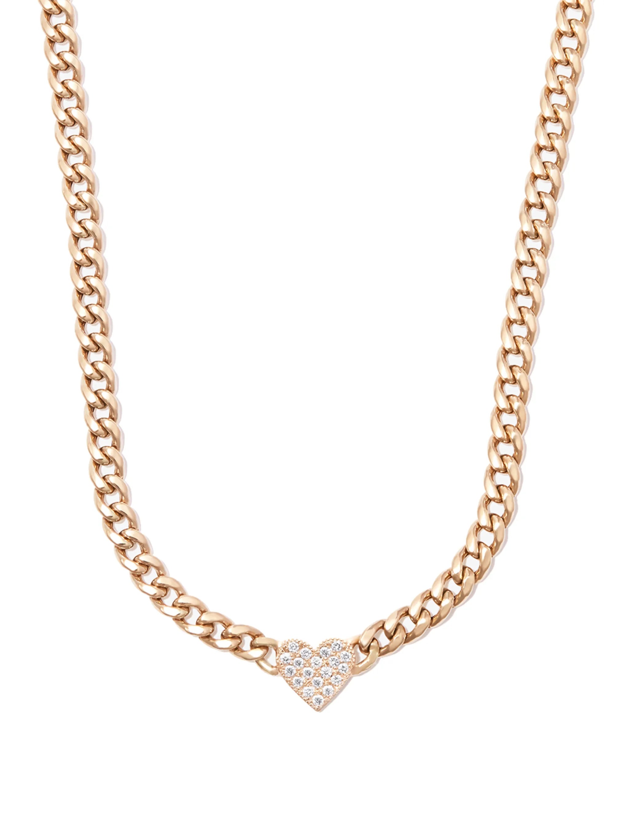 14kt yellow gold diamond pave heart chain necklace