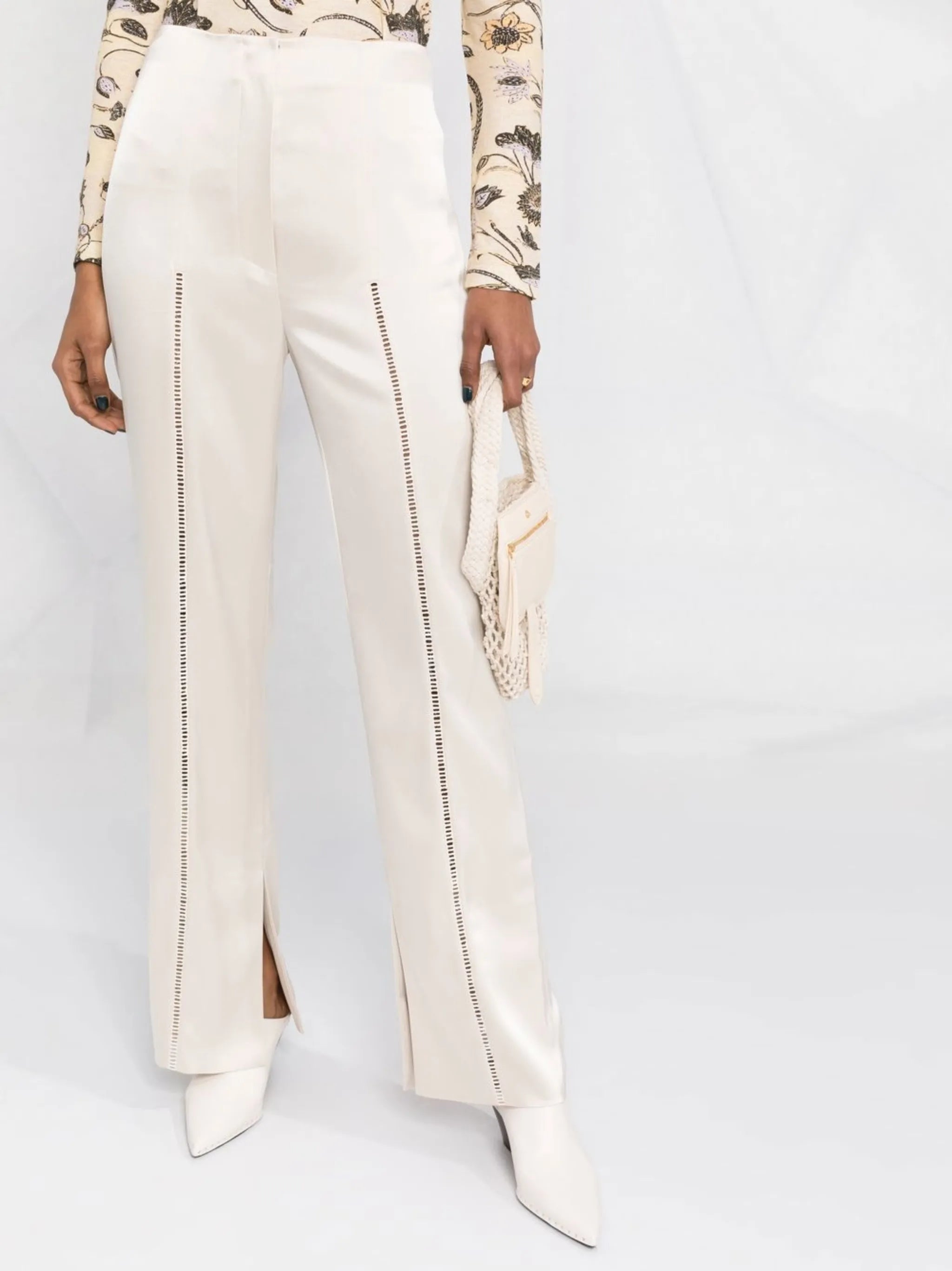 ladder-stitch straight-leg trousers