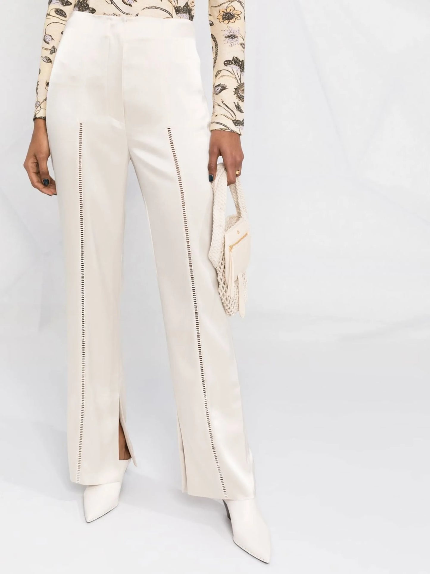 ladder-stitch straight-leg trousers