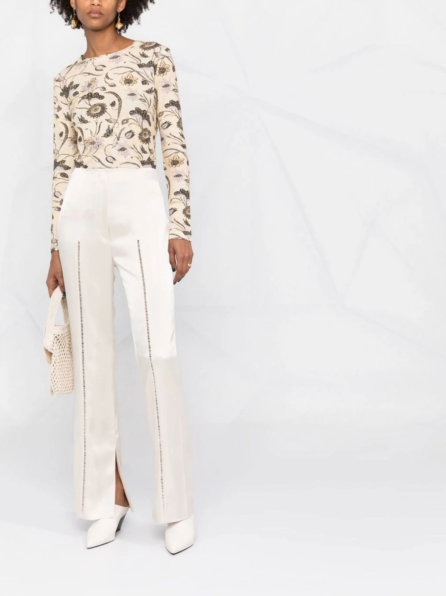 ladder-stitch straight-leg trousers