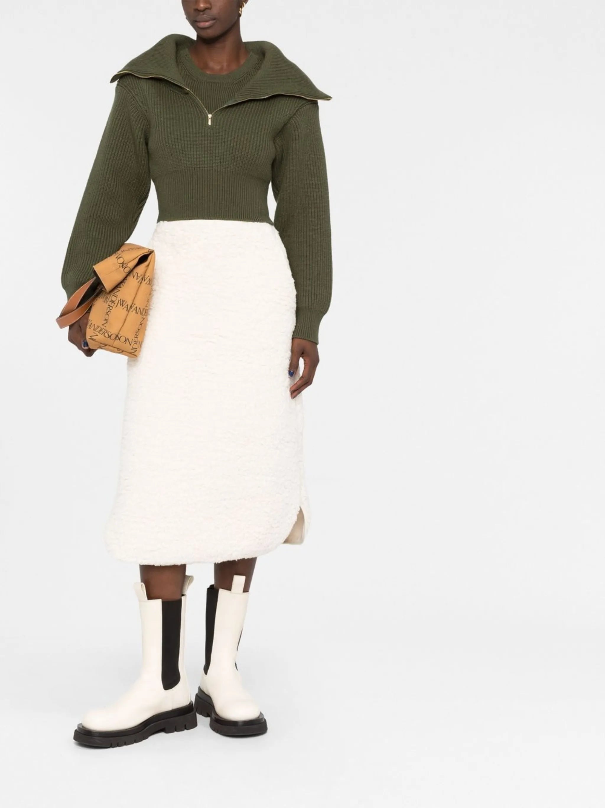 faux-shearling straight midi skirt