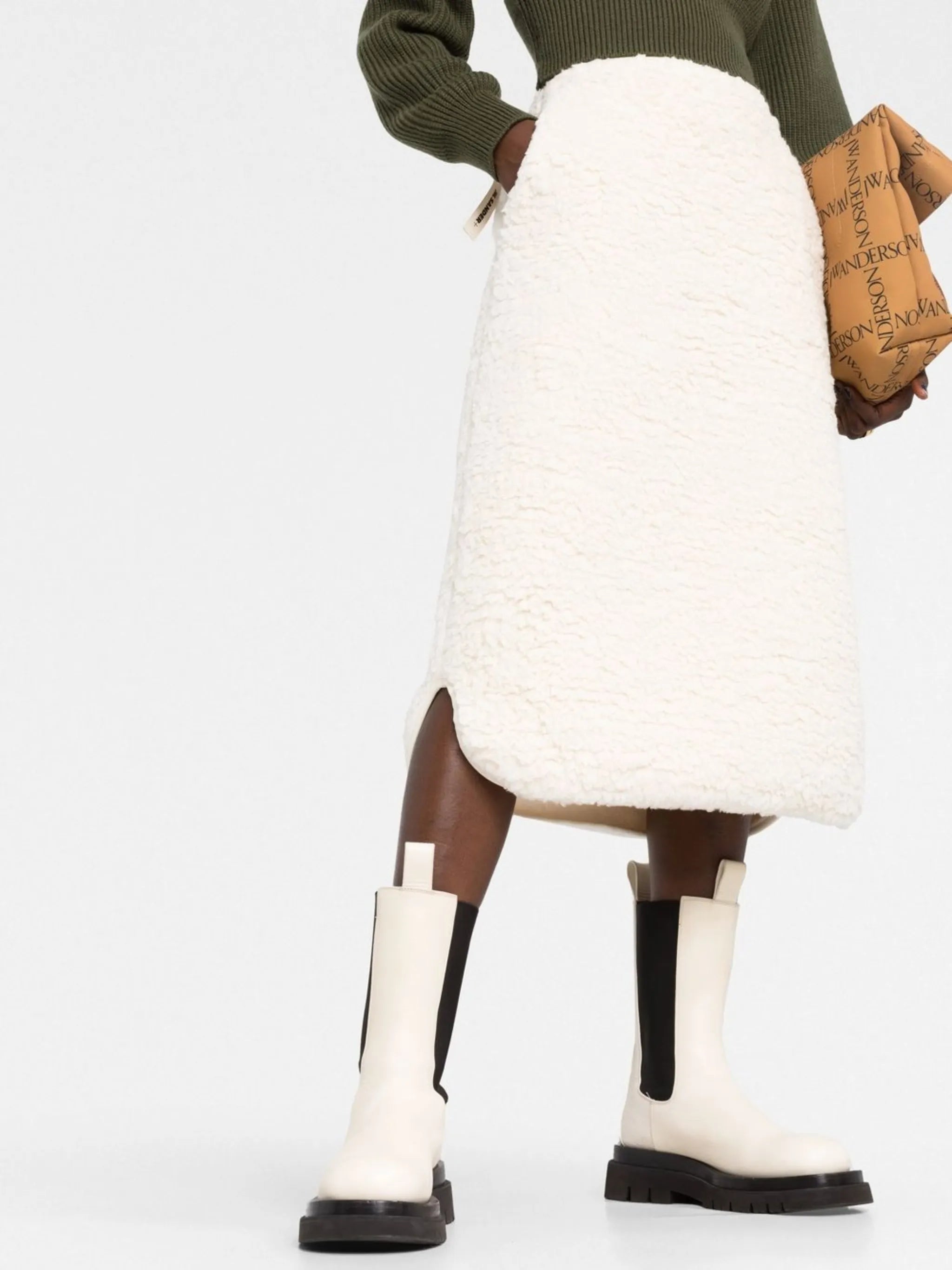 faux-shearling straight midi skirt