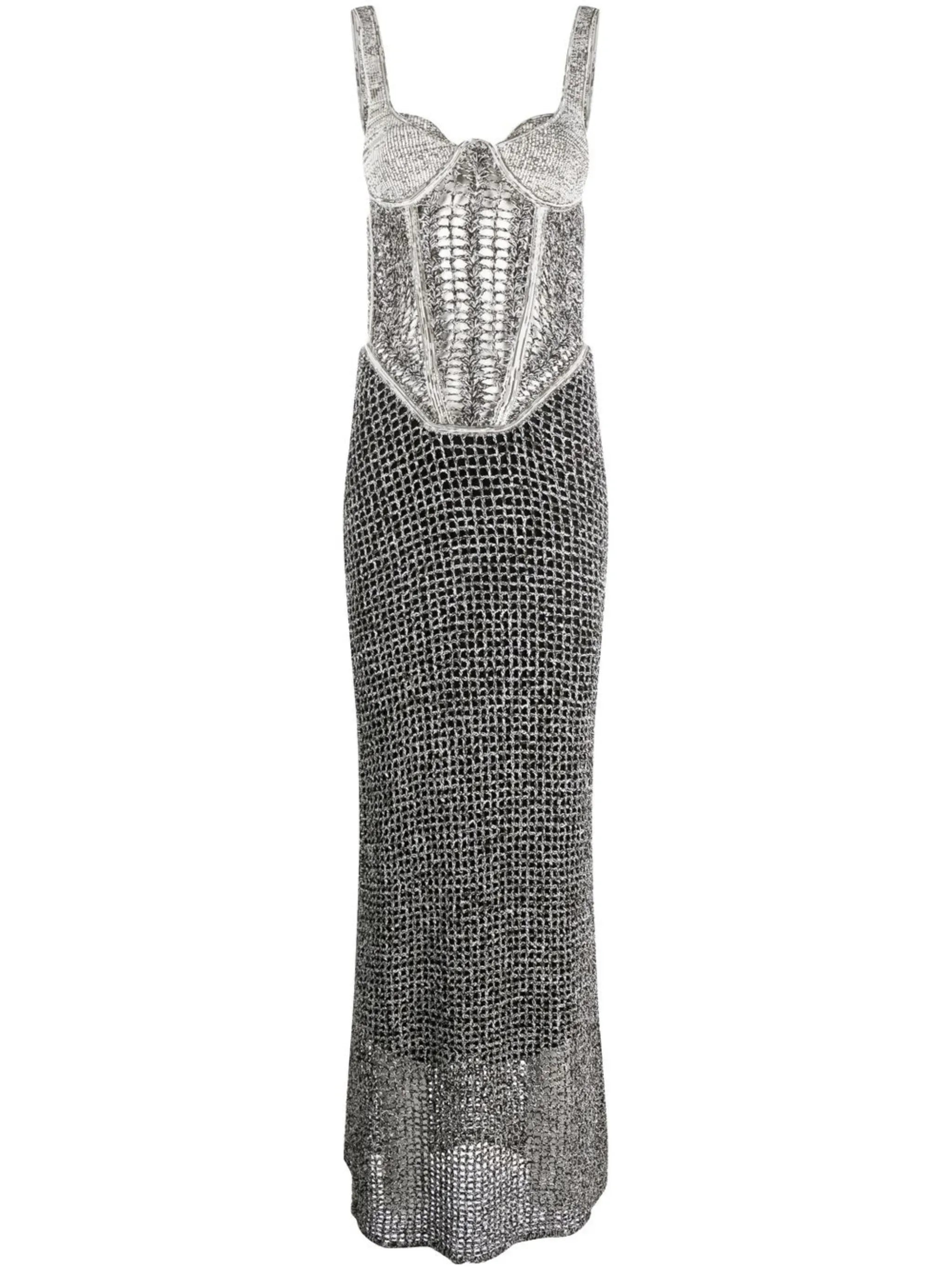 boucle-knit corset top maxi dress