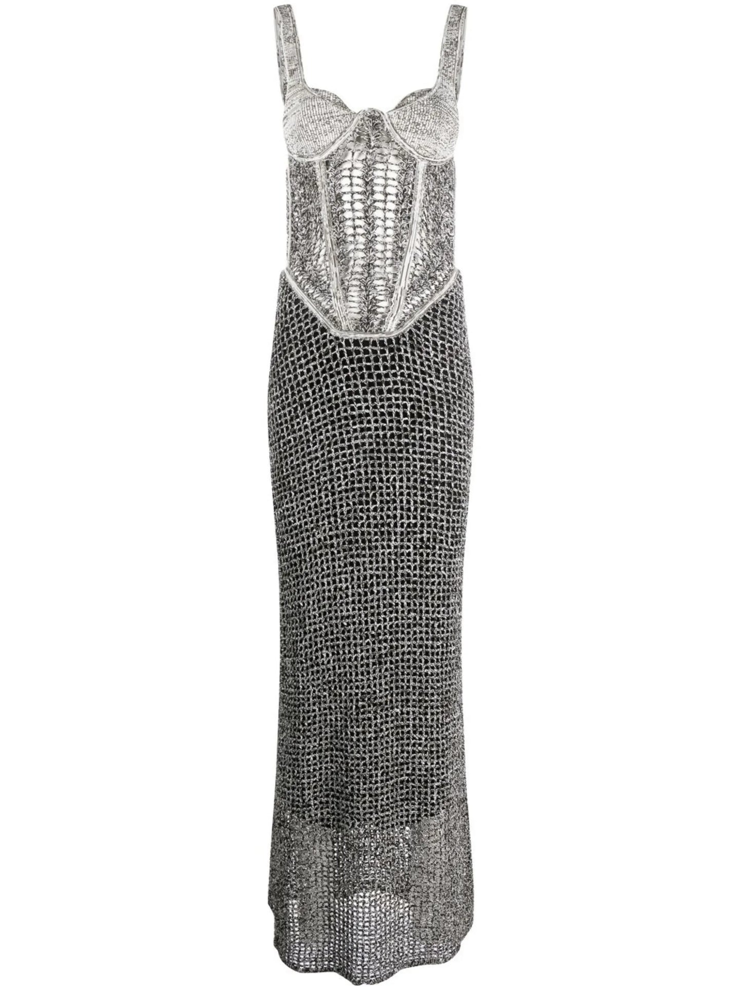 boucle-knit corset top maxi dress