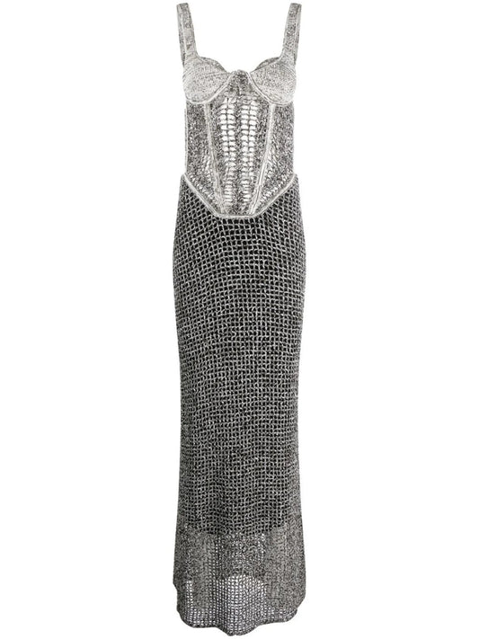 boucle-knit corset top maxi dress