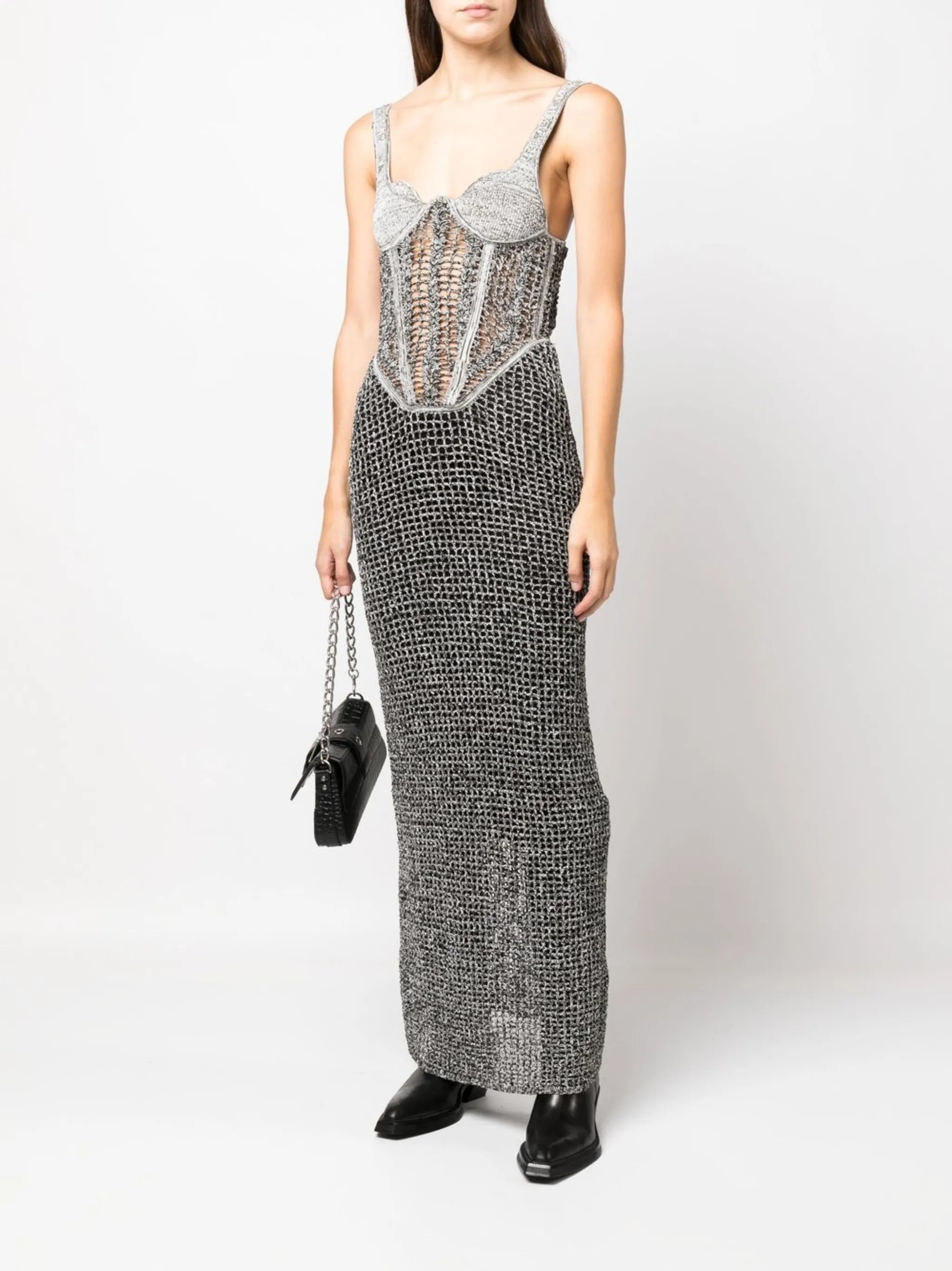 boucle-knit corset top maxi dress