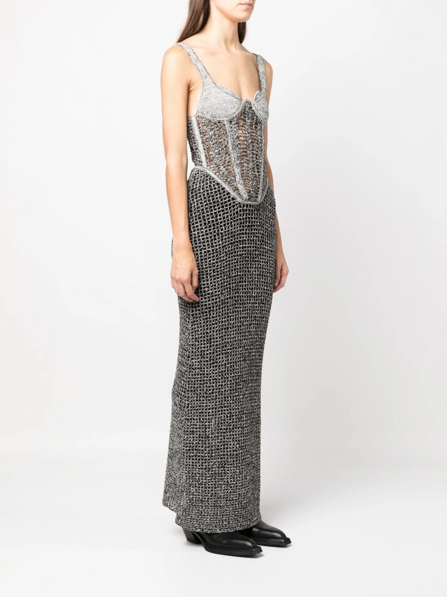 boucle-knit corset top maxi dress