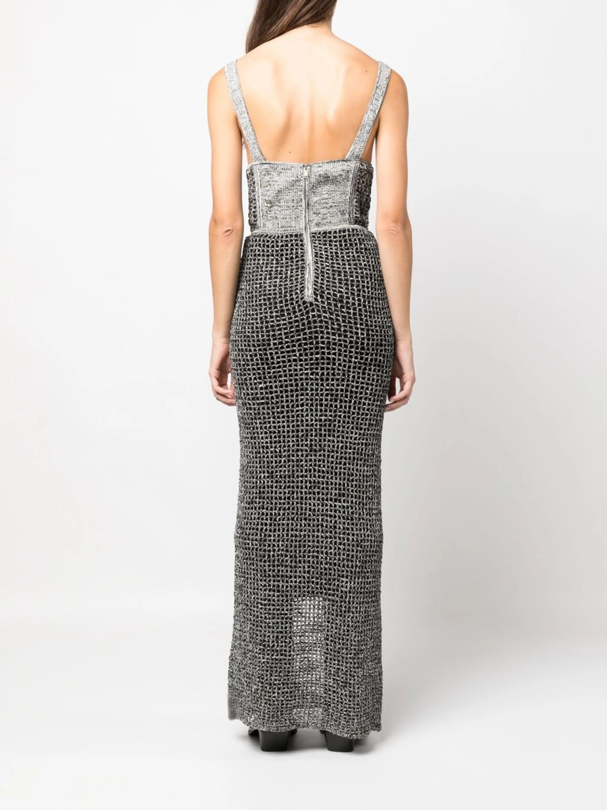 boucle-knit corset top maxi dress