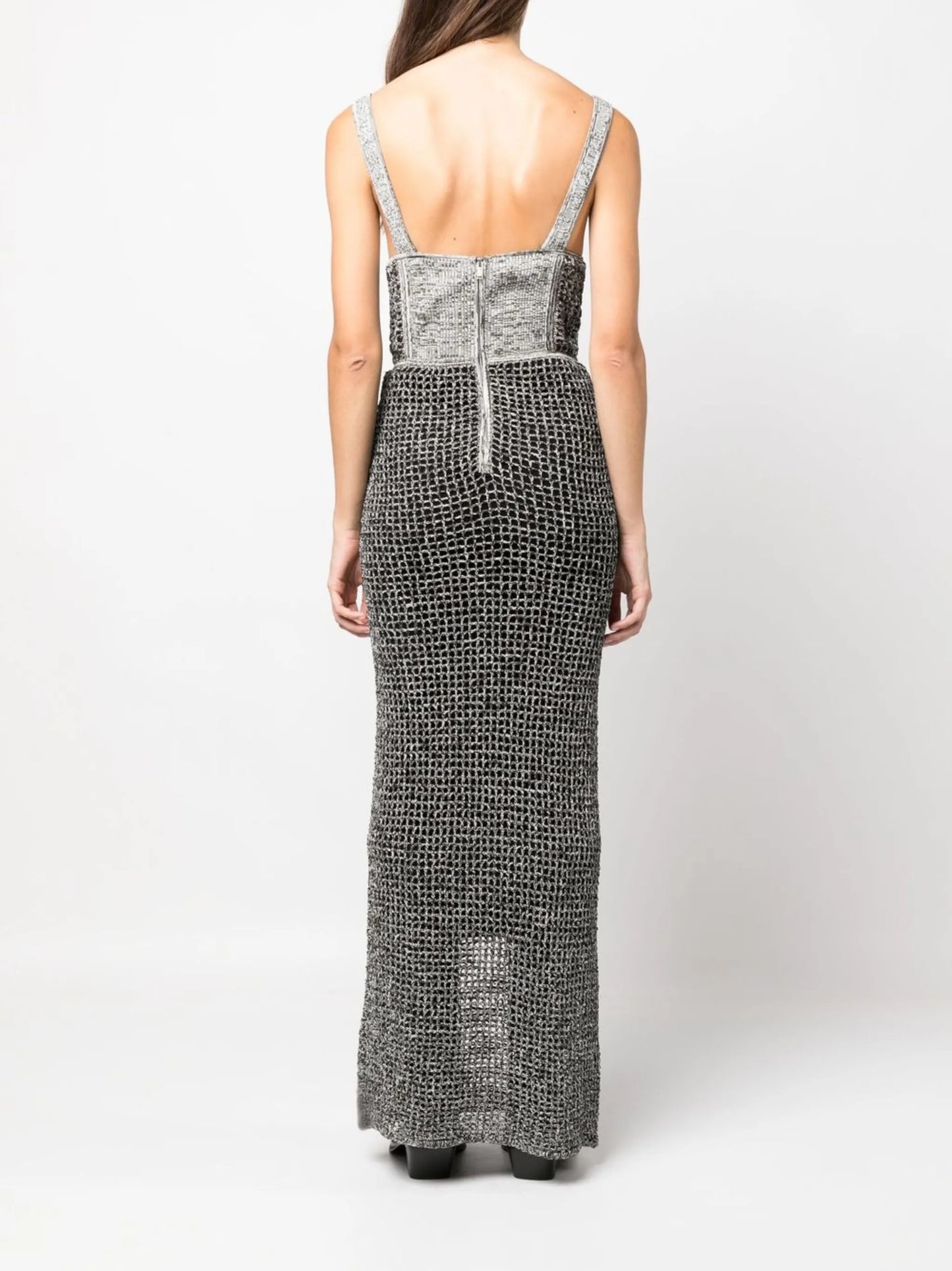 boucle-knit corset top maxi dress