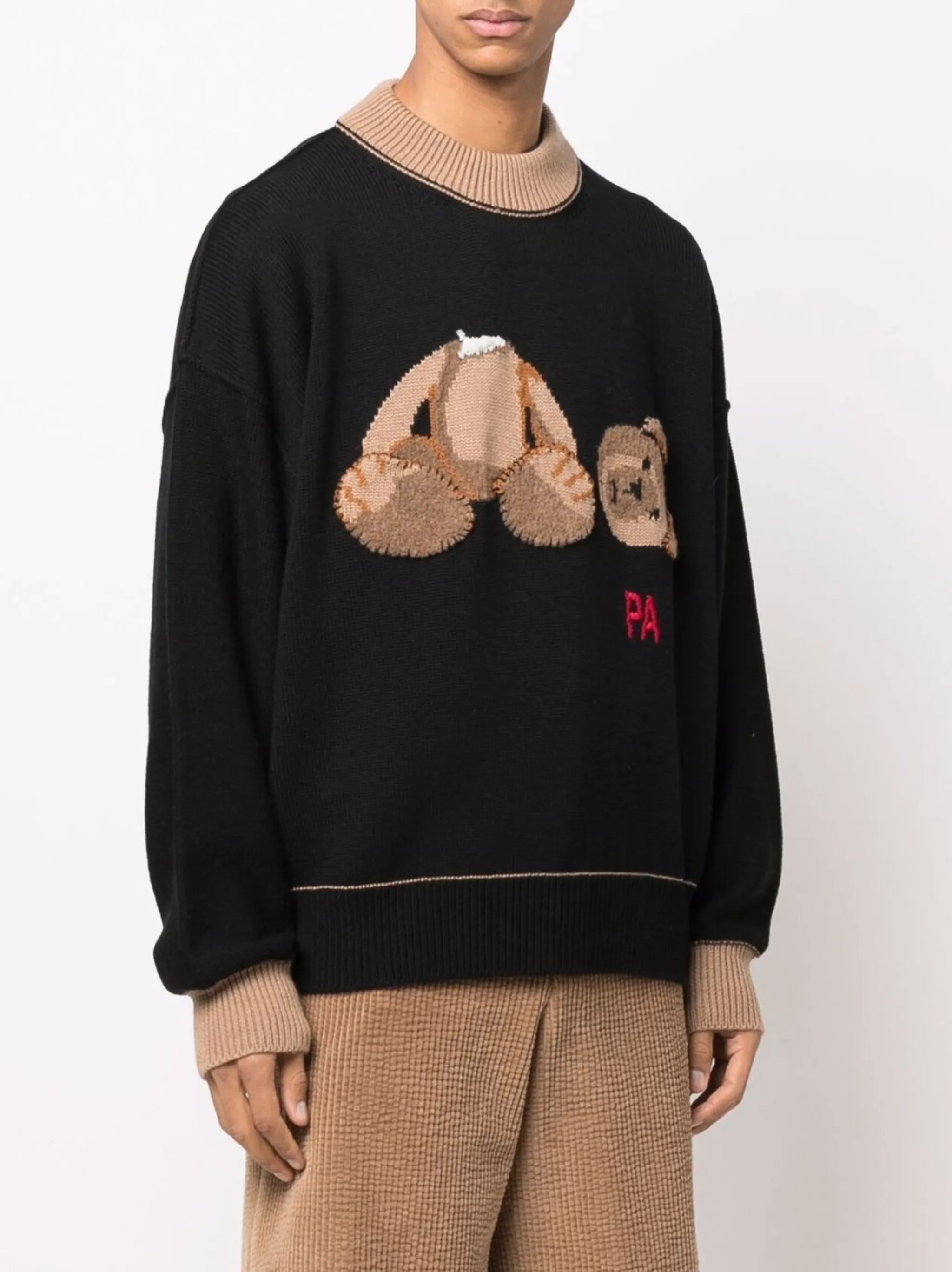 long-sleeve bear-embroidered wool jumper
