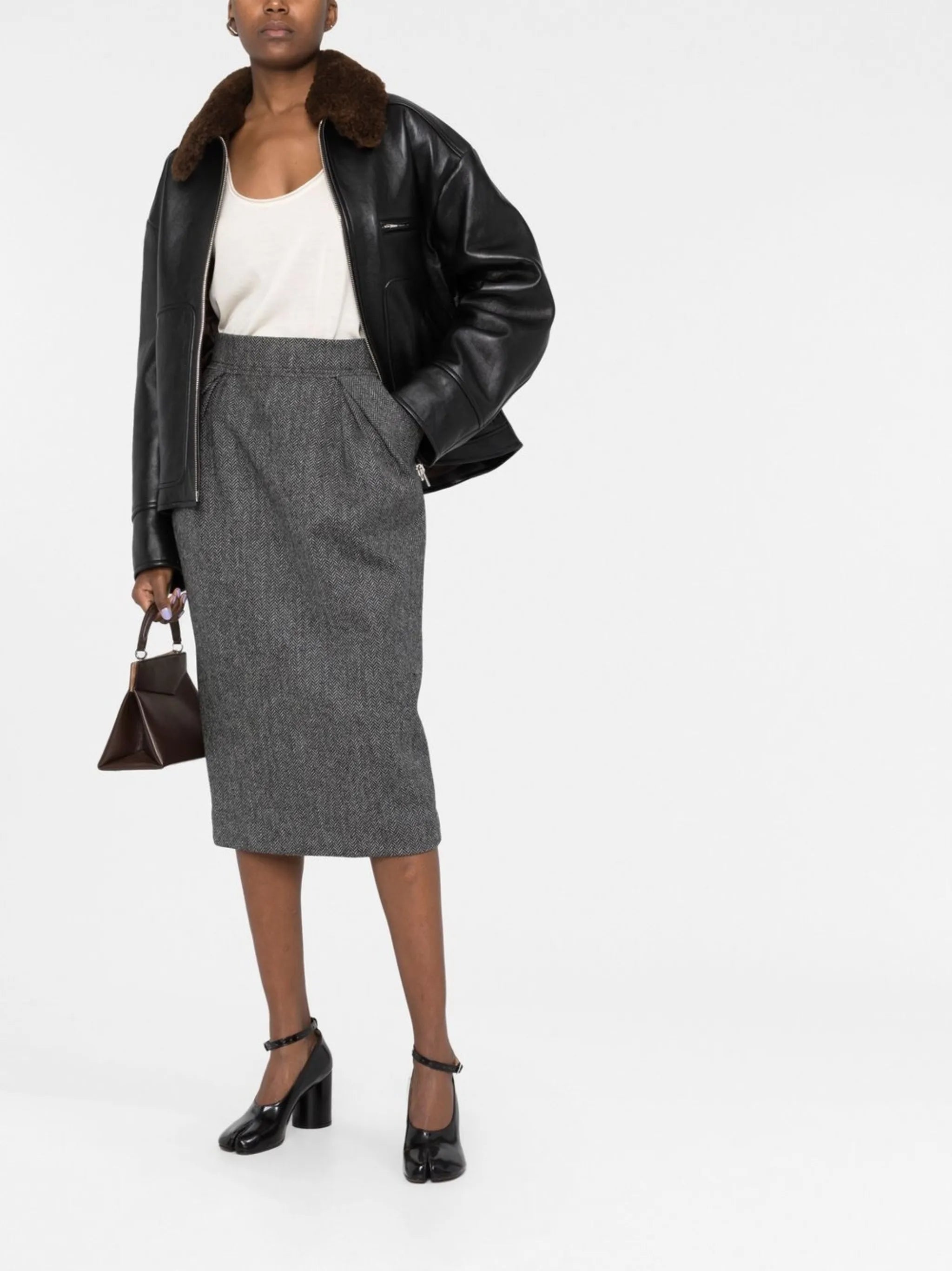 chevron-pattern wool midi skirt