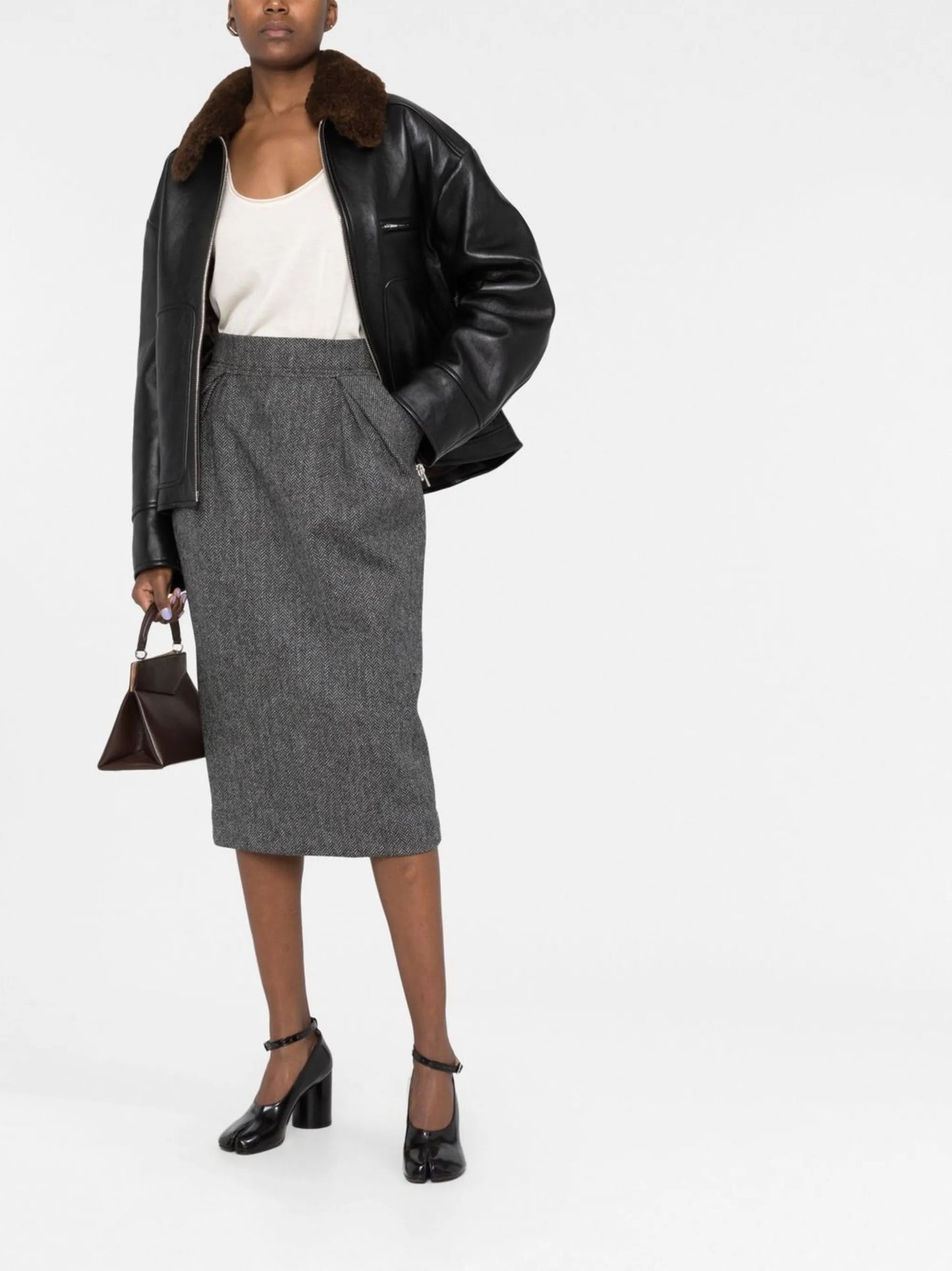 chevron-pattern wool midi skirt