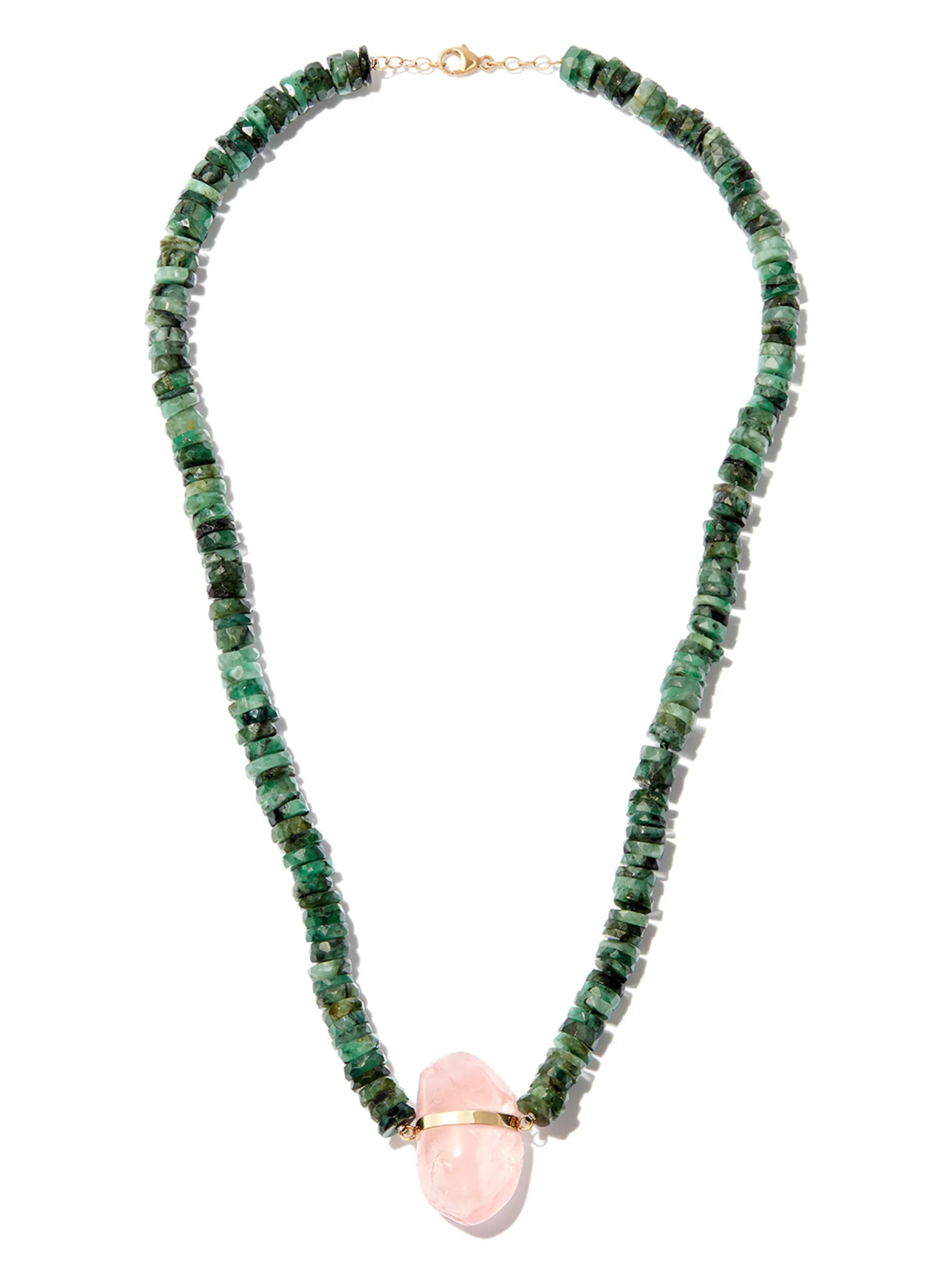 14kt yellow gold emerald and rose quartz beaded necklace