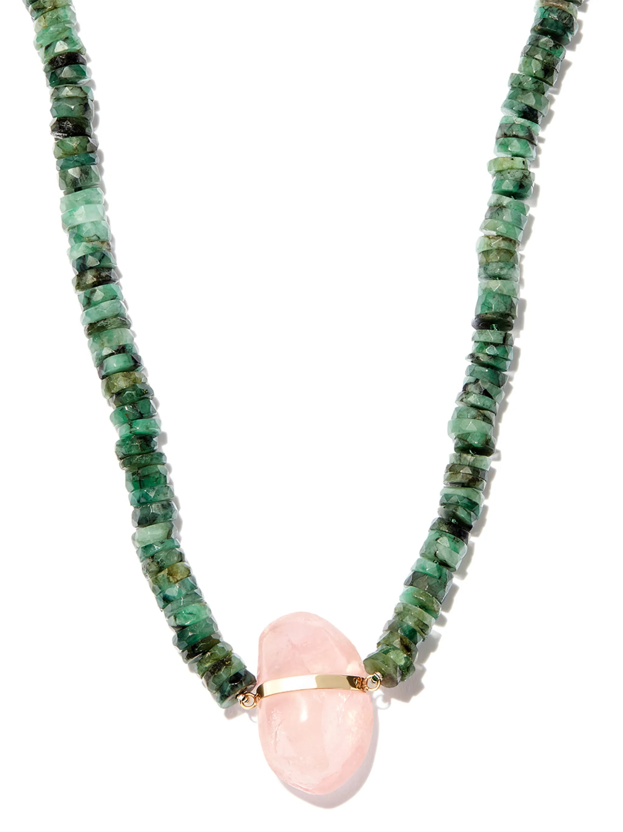 14kt yellow gold emerald and rose quartz beaded necklace