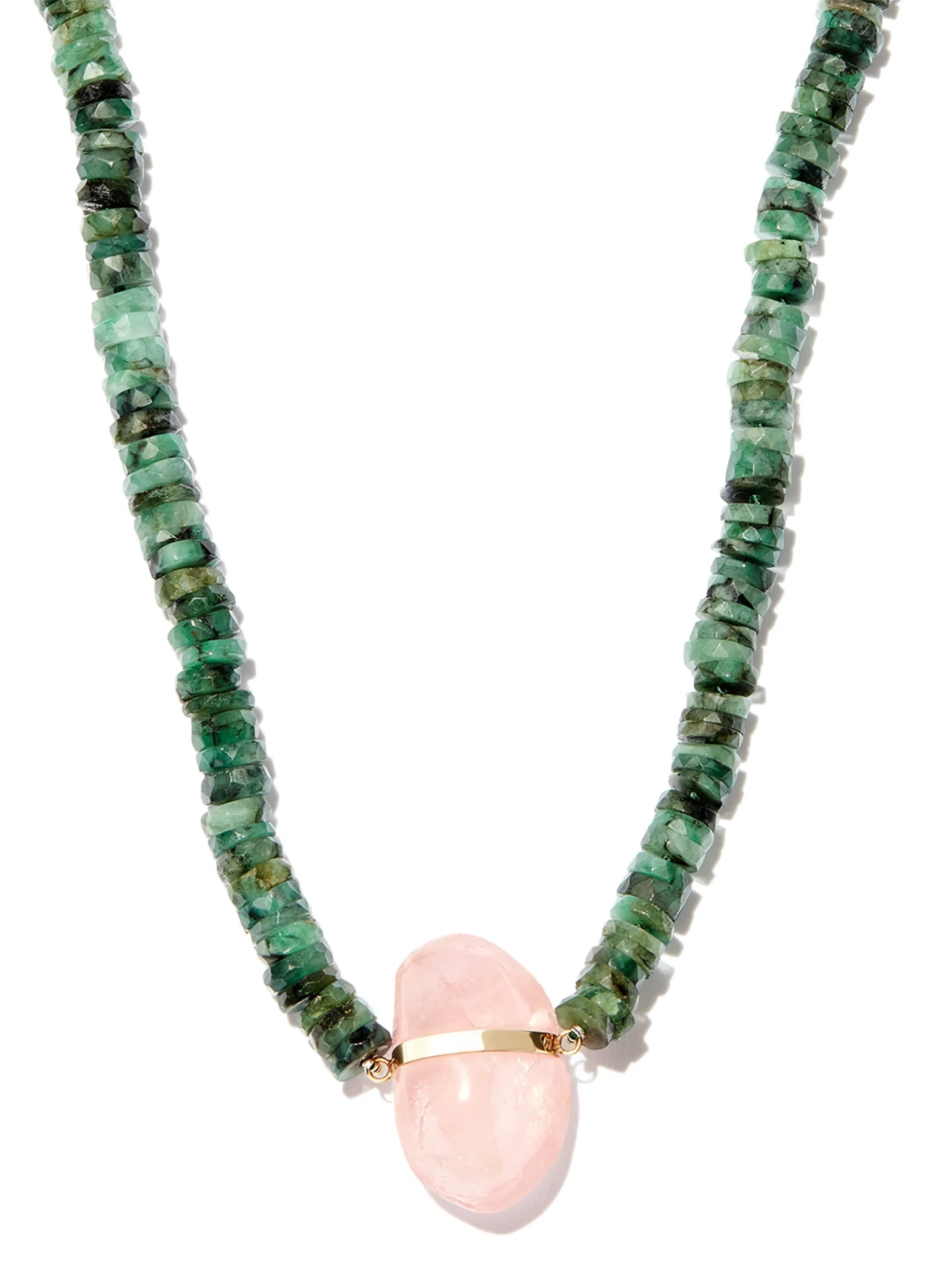 14kt yellow gold emerald and rose quartz beaded necklace
