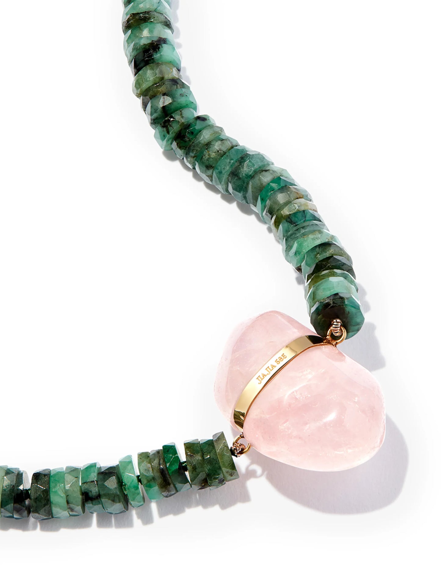14kt yellow gold emerald and rose quartz beaded necklace