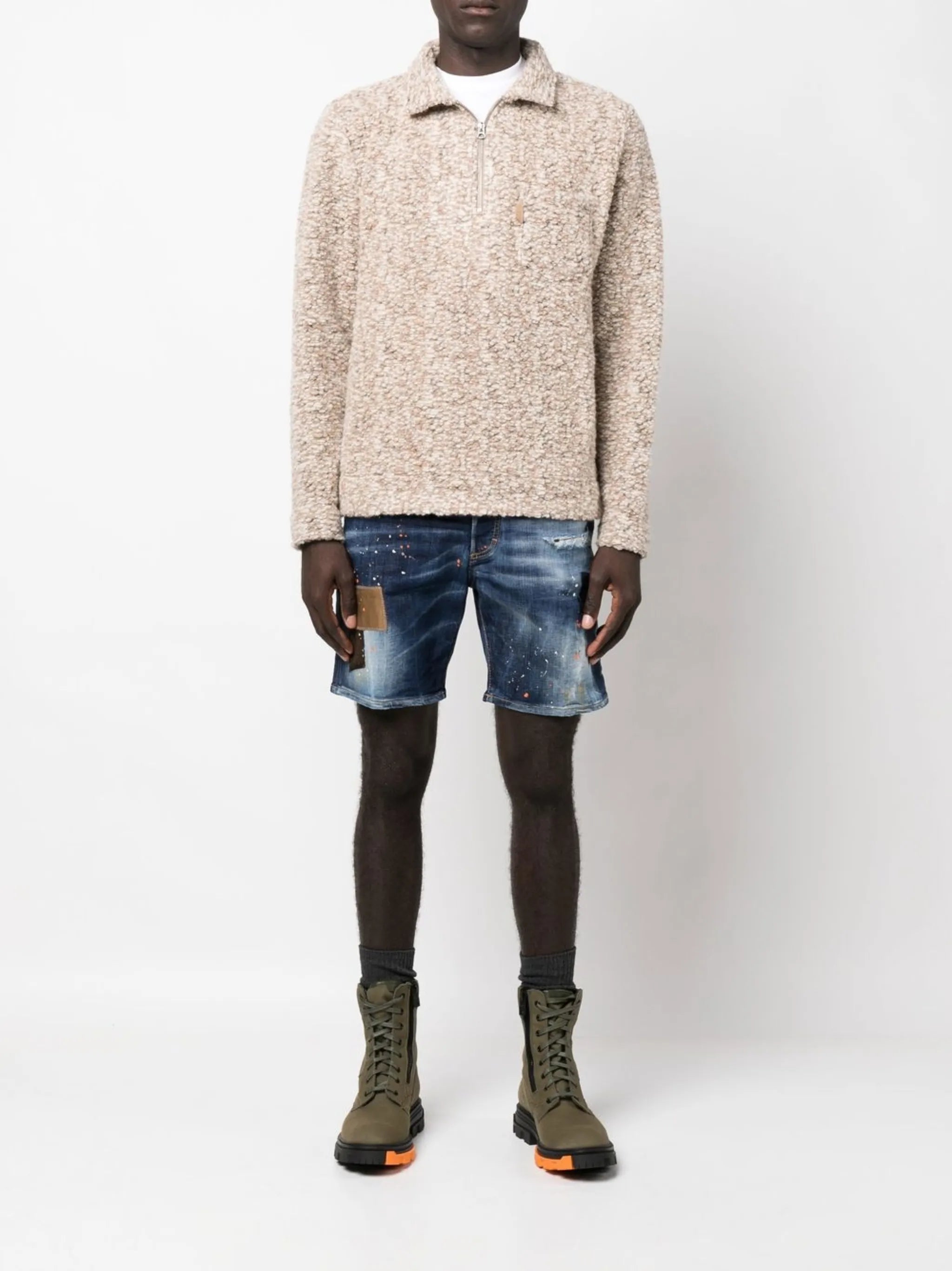 Marine patch-detail distressed denim shorts