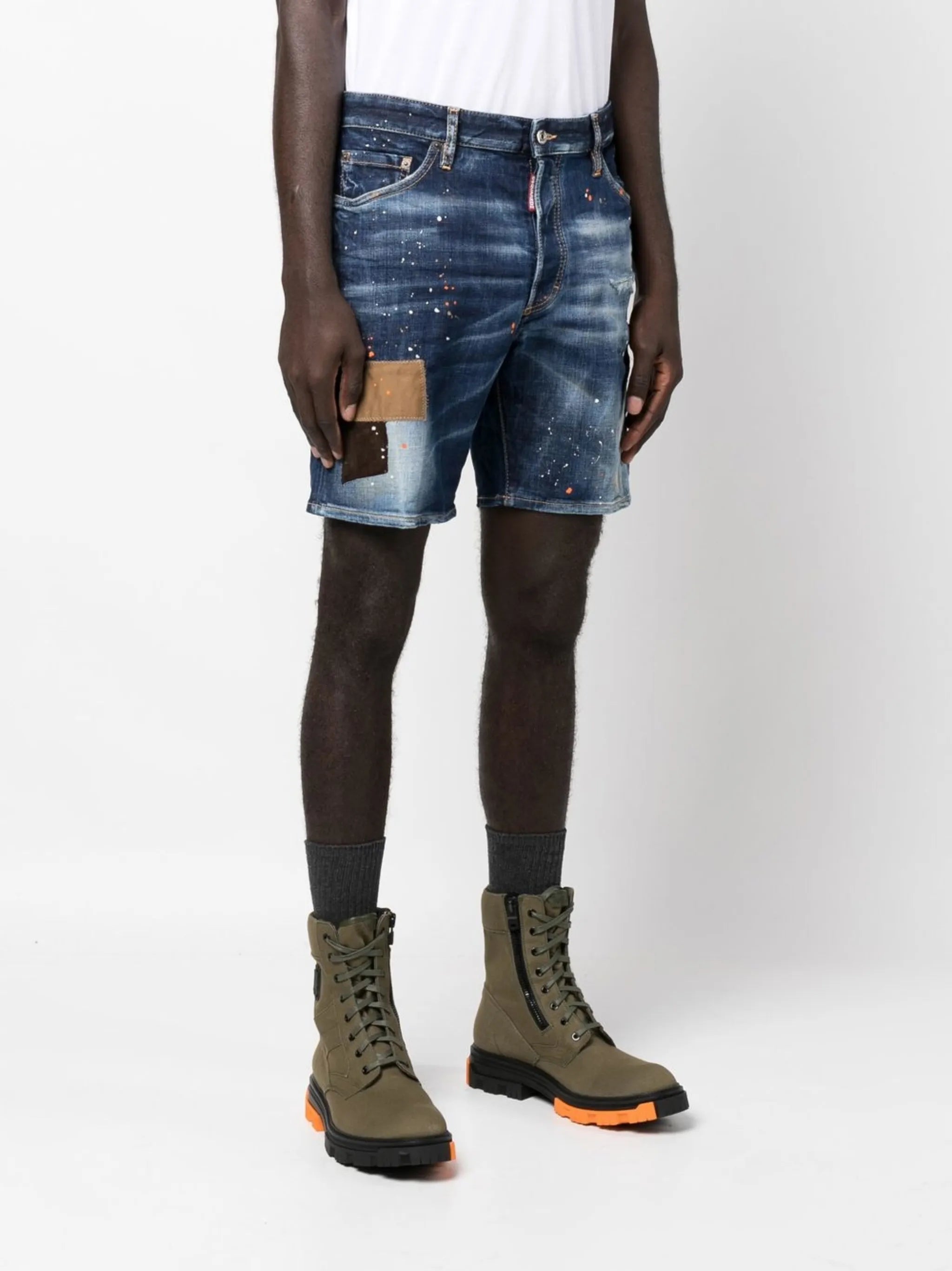 Marine patch-detail distressed denim shorts