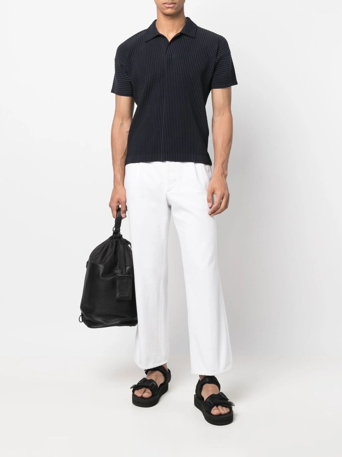 plissé-effect open-collar polo shirt