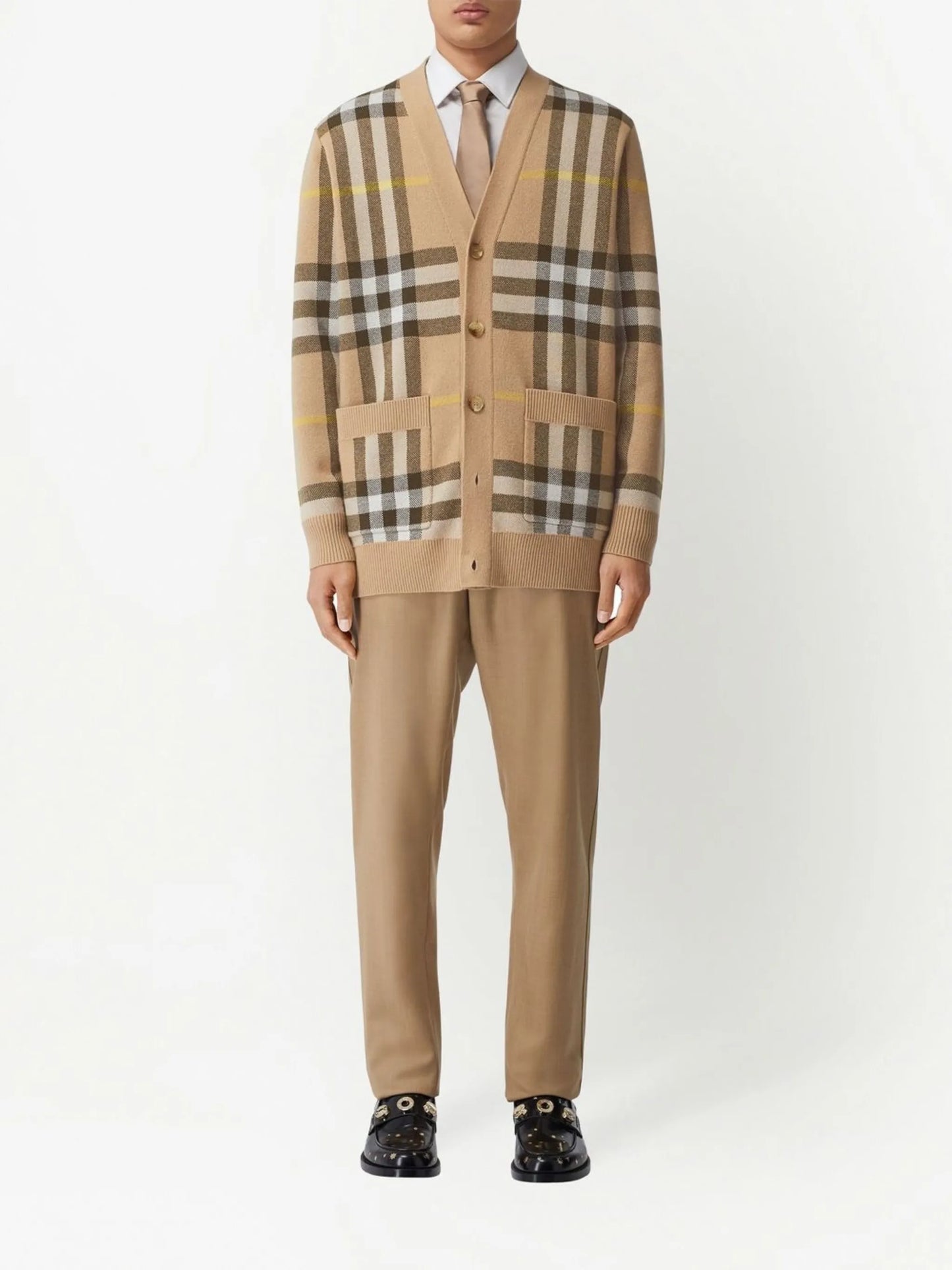 checked V-neck cardigan